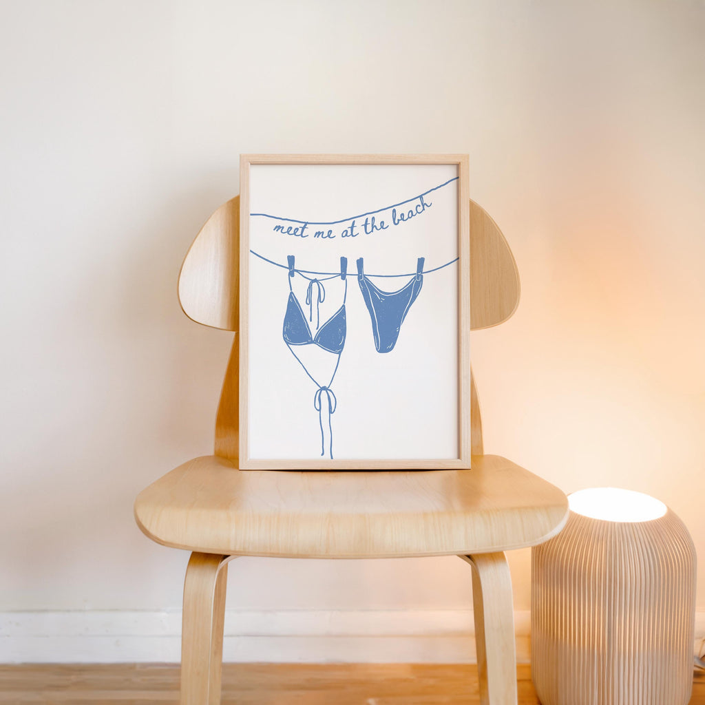 Meet Me at the Beach Wall Art, Coastal Bathroom Print, Blue Line Art Bikini Poster, Hamptons Beach House Decor, Summer Printable