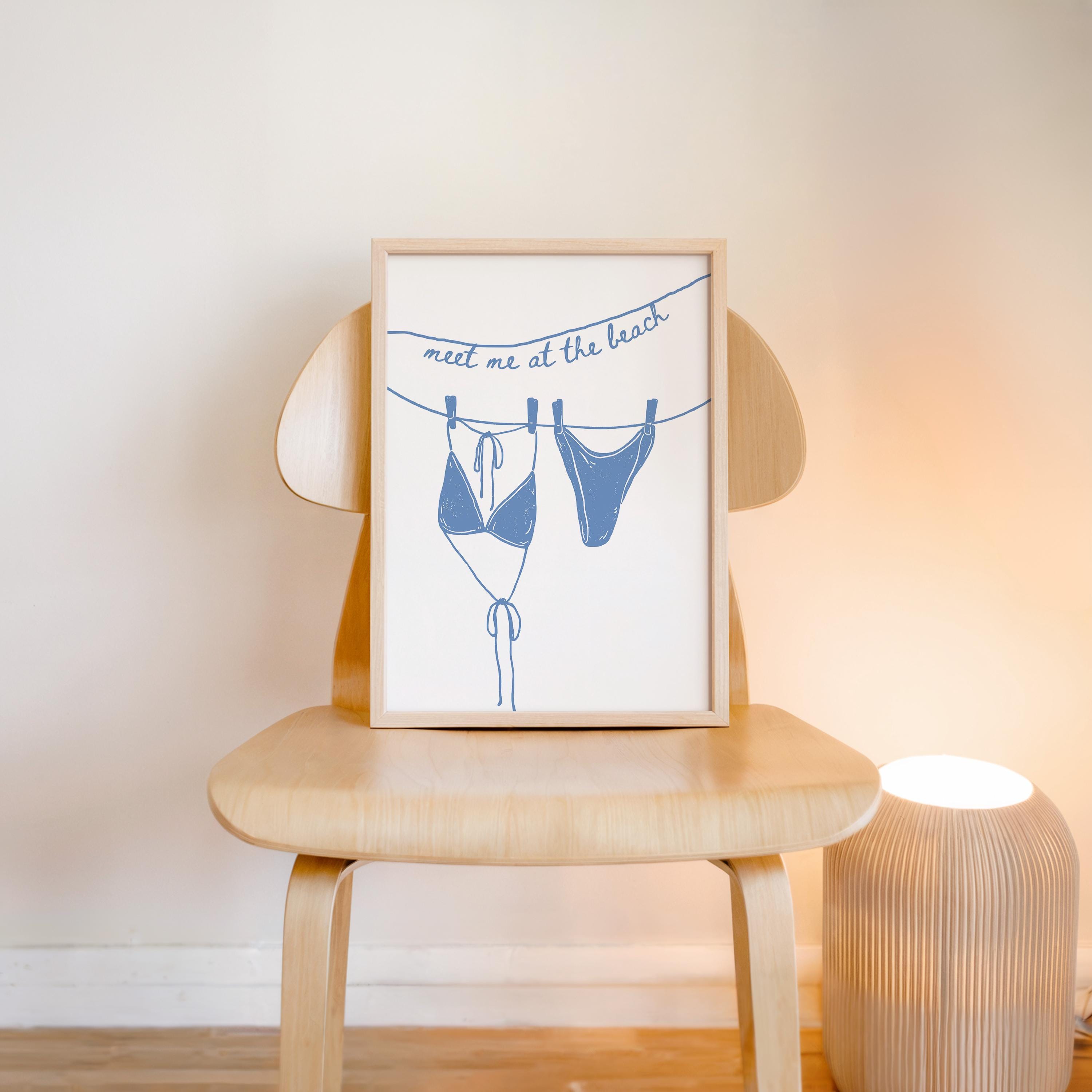 Meet Me at the Beach Wall Art, Coastal Bathroom Print, Blue Line Art Bikini Poster, Hamptons Beach House Decor, Summer Printable