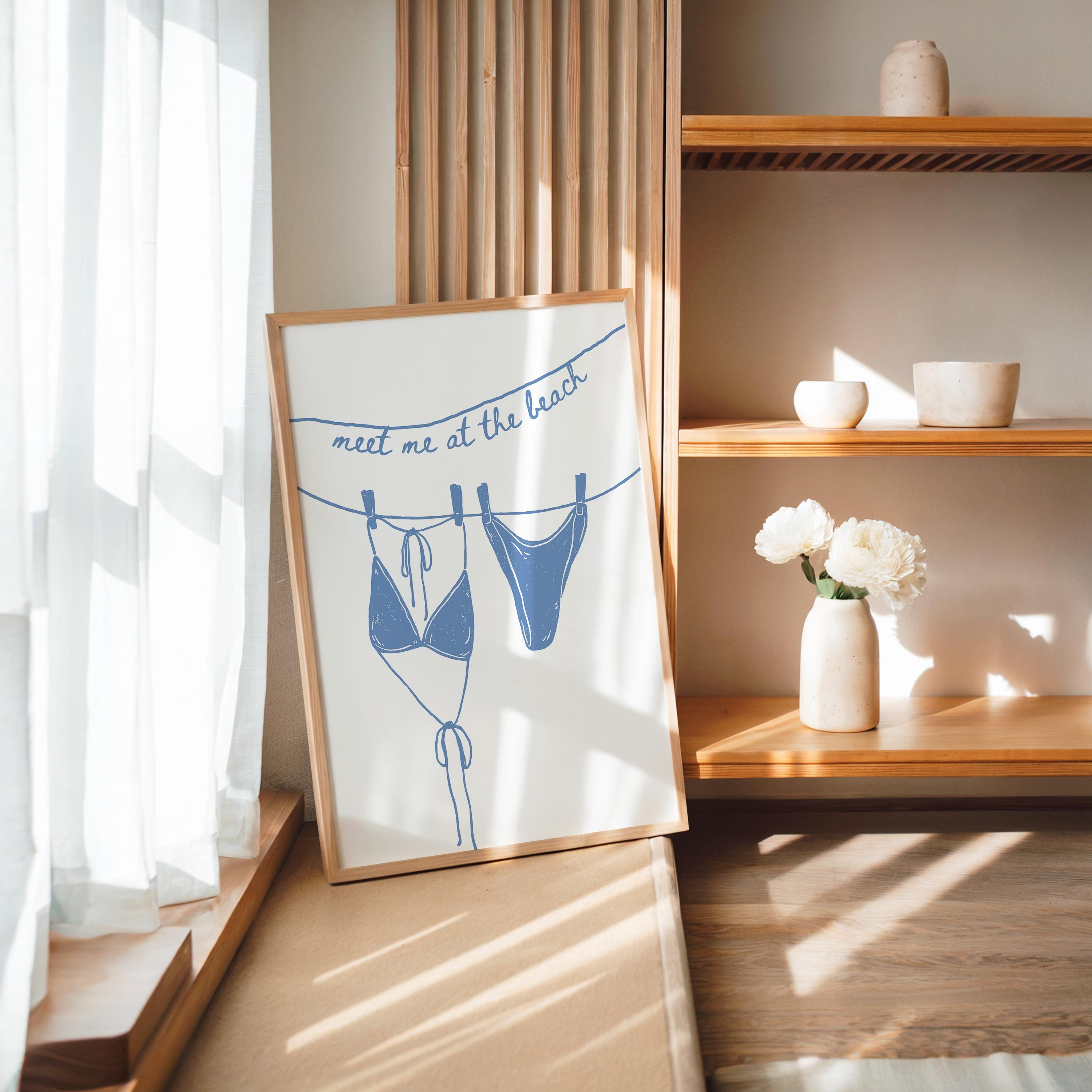 Meet Me at the Beach Wall Art, Coastal Bathroom Print, Blue Line Art Bikini Poster, Hamptons Beach House Decor, Summer Printable