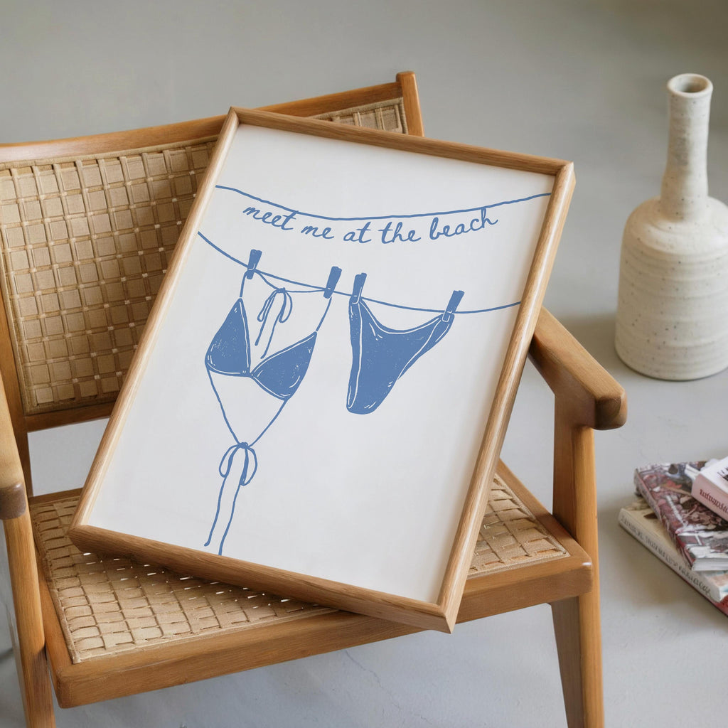 Meet Me at the Beach Wall Art, Coastal Bathroom Print, Blue Line Art Bikini Poster, Hamptons Beach House Decor, Summer Printable