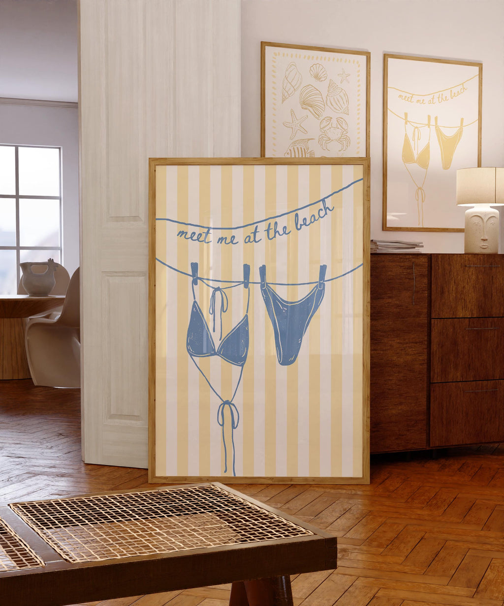 Meet Me at the Beach Wall Art, Coastal Bathroom Printable, Blue Yellow Beach Decor, Bikini Line Art, Summer Coastal Home Print