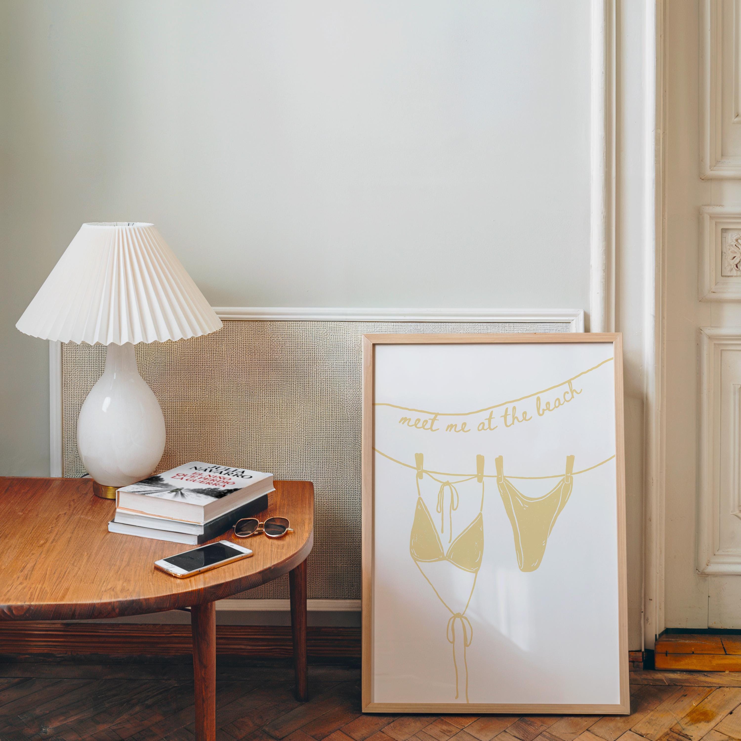 Meet Me at the Beach Wall Art, Neutral Coastal Bathroom Print, Beige Line Art Bikini Poster, Hamptons Beach House Decor, Summer Printable