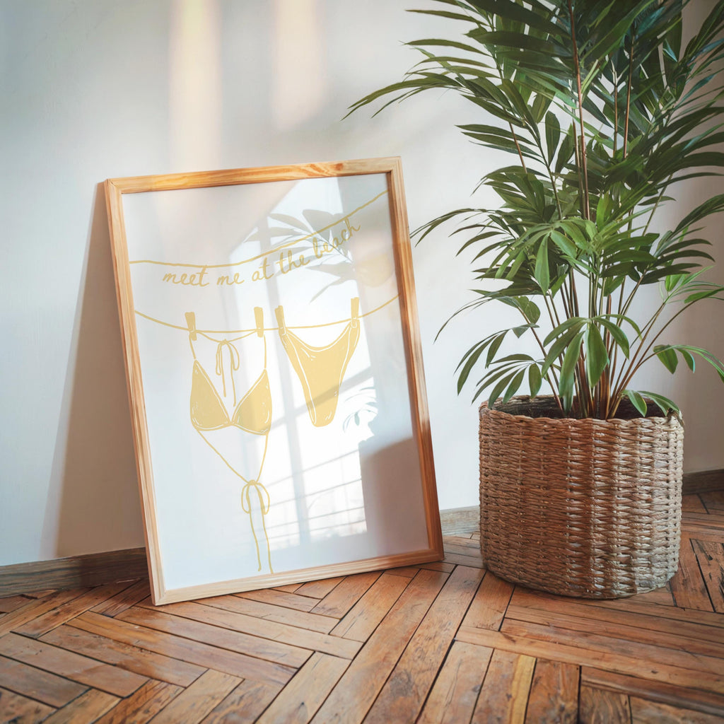 Meet Me at the Beach Wall Art, Neutral Coastal Bathroom Print, Beige Line Art Bikini Poster, Hamptons Beach House Decor, Summer Printable
