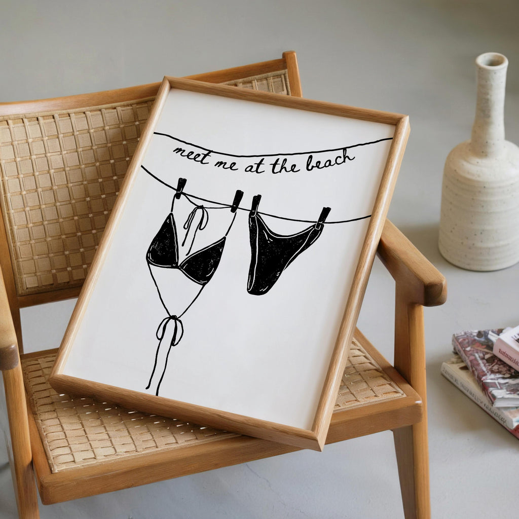 Meet Me at the Beach Wall Art, Black Line Art Bikini Print, Modern Bathroom Decor, Minimal Beach Poster, Trendy Apartment Printable