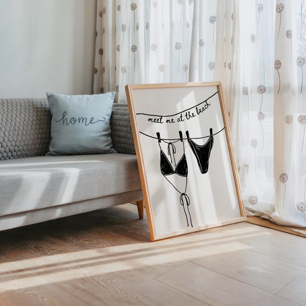Meet Me at the Beach Wall Art, Black Line Art Bikini Print, Modern Bathroom Decor, Minimal Beach Poster, Trendy Apartment Printable