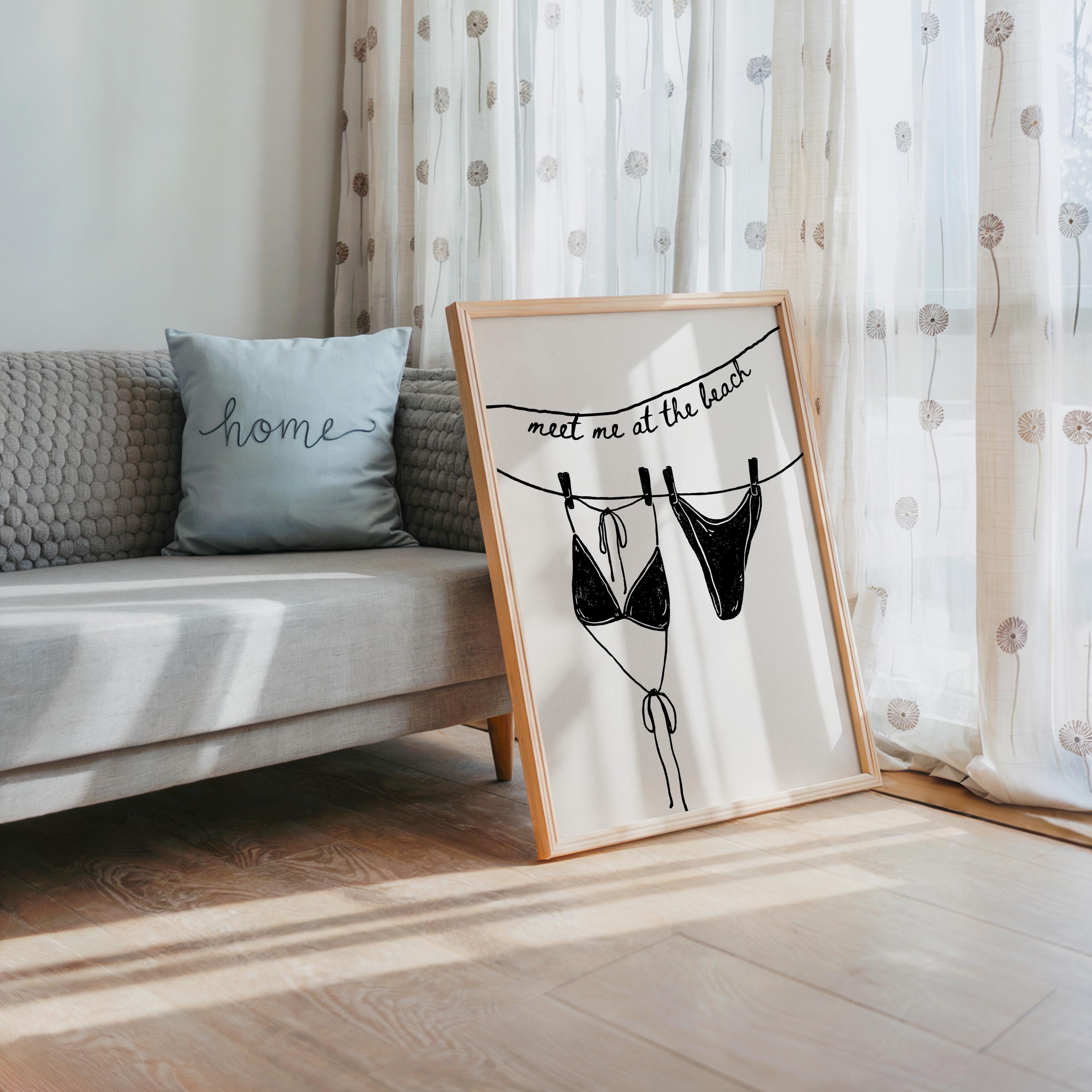 Meet Me at the Beach Wall Art, Black Line Art Bikini Print, Modern Bathroom Decor, Minimal Beach Poster, Trendy Apartment Printable