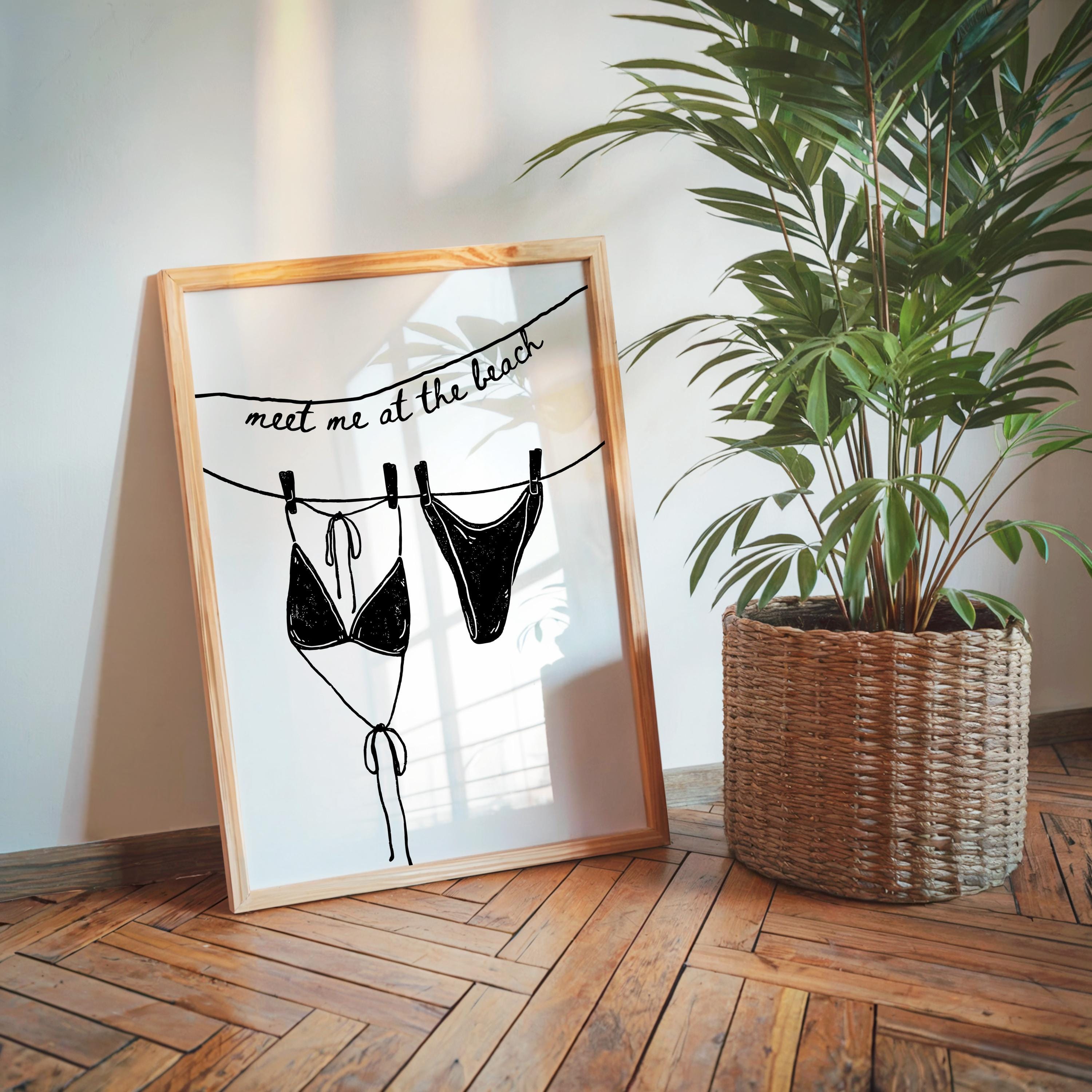 Meet Me at the Beach Wall Art, Black Line Art Bikini Print, Modern Bathroom Decor, Minimal Beach Poster, Trendy Apartment Printable