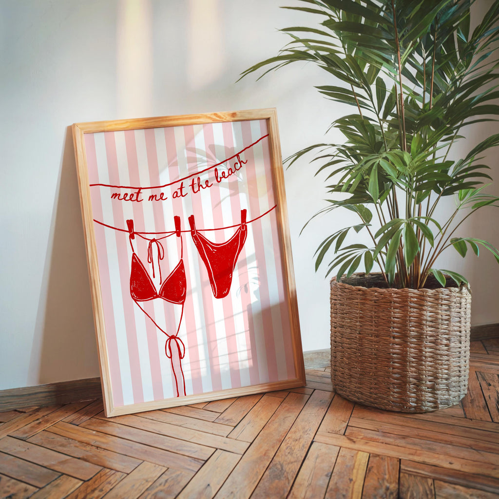 Meet Me at the Beach Wall Art, Red Bikini Line Art Print, Retro Pop Art Poster, Flirty Bathroom Decor, Girls Night Apartment Printable