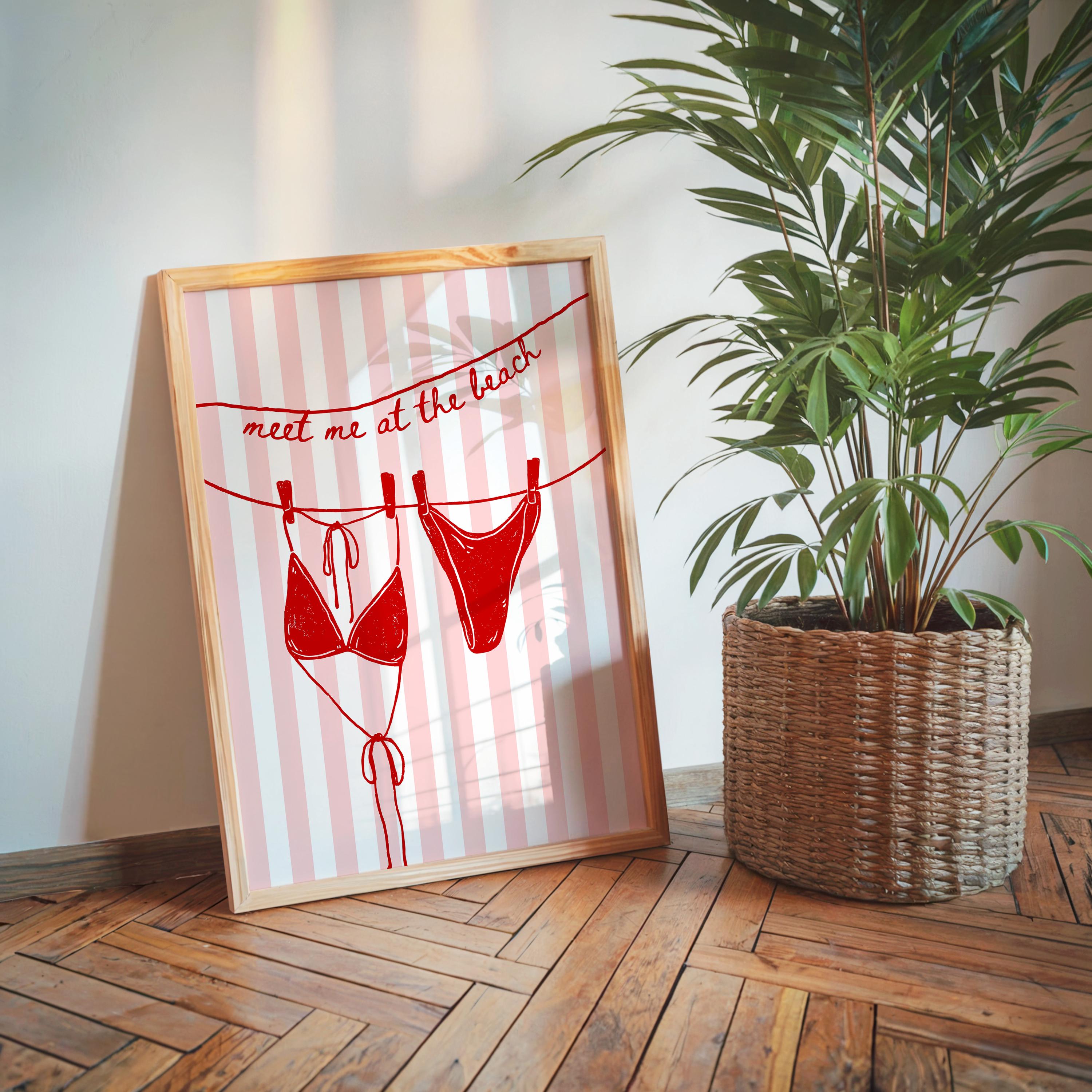 Meet Me at the Beach Wall Art, Red Bikini Line Art Print, Retro Pop Art Poster, Flirty Bathroom Decor, Girls Night Apartment Printable