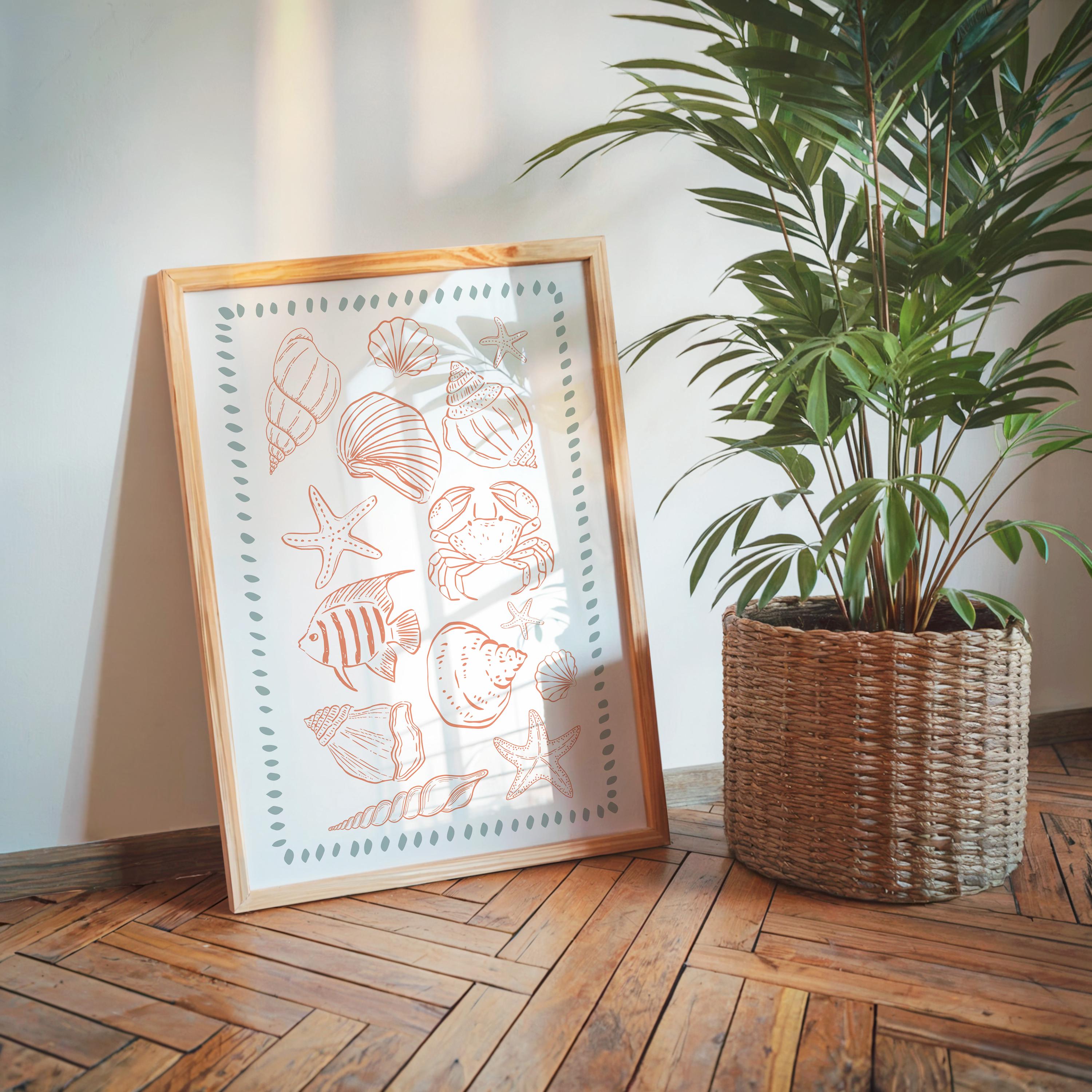 Coastal Shell Wall Art, Mint and Terracotta Beach Print, Seashell Line Art Poster, Modern Coastal Decor, Neutral Ocean Bathroom Printable