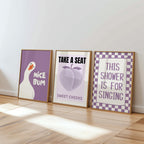 Purple Bathroom Wall Art Set of 6, Funny Bathroom Prints, Trendy Lavender Decor, Cute Toilet Humor Posters, Apartment Bathroom Printable