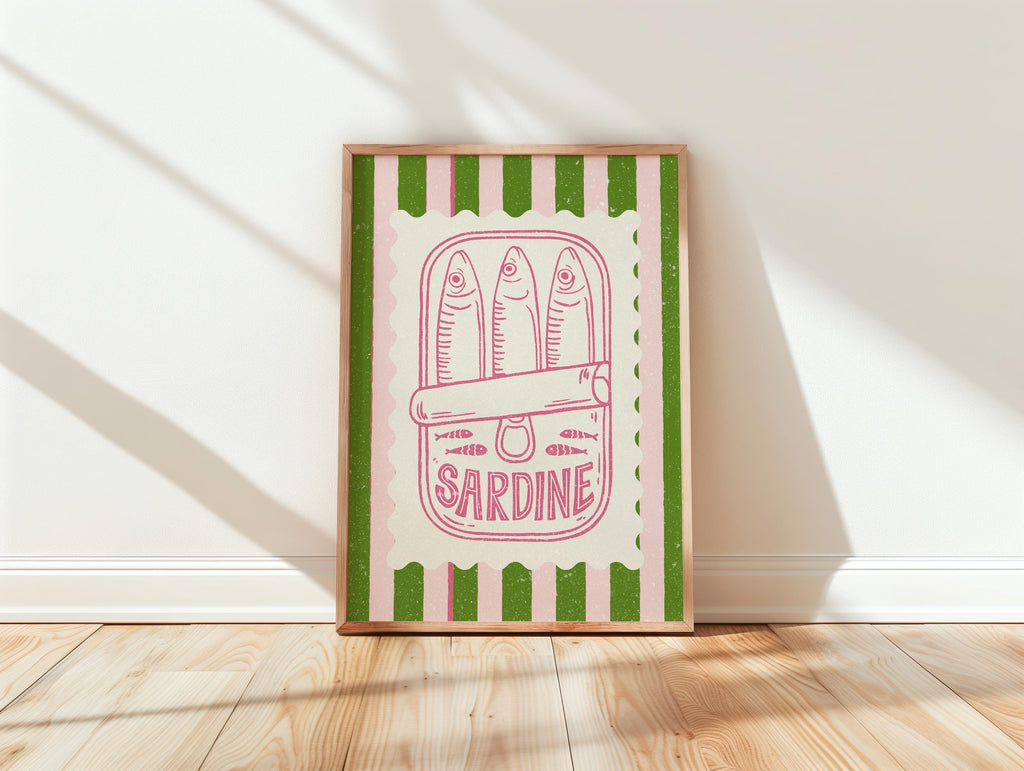 Retro Sardine Tin Poster, Funny Kitchen Wall Art, Pink Green Stripe Kitchen Decor, Trendy Seafood Poster, Nautical Coastal Wall Art, DIGITAL