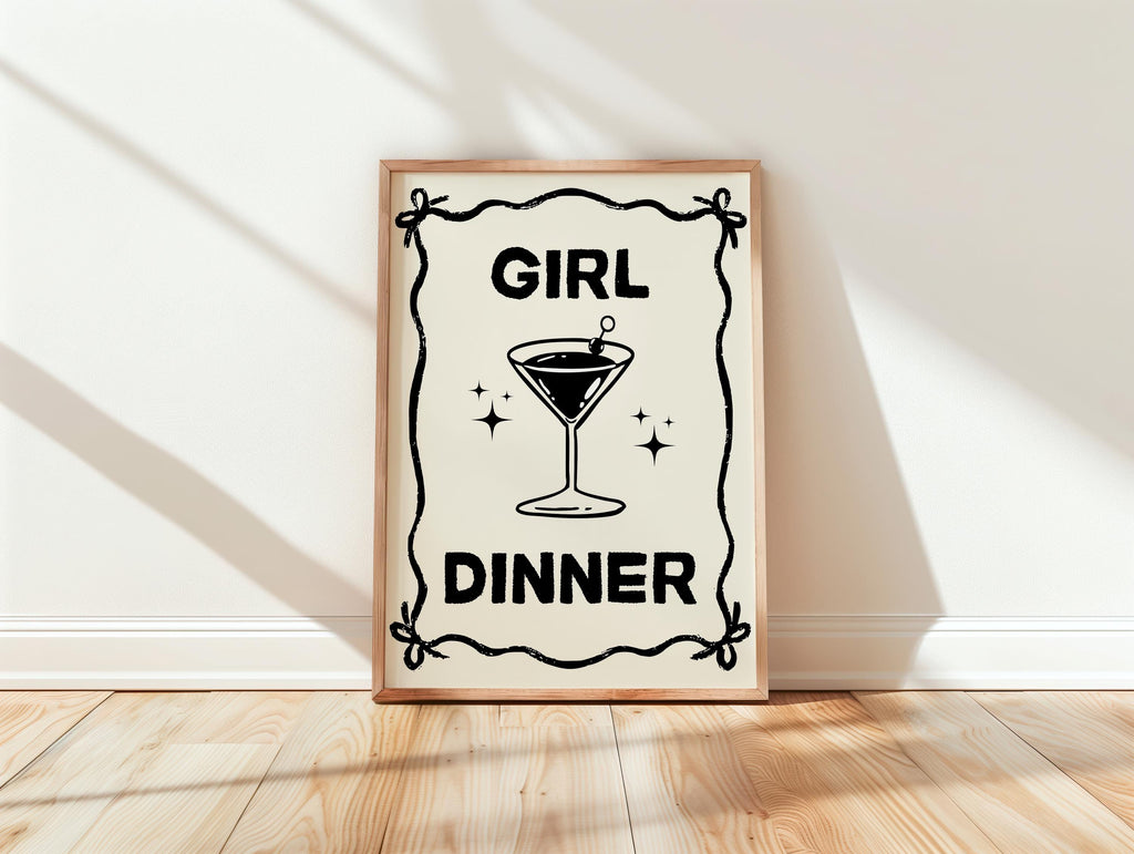 Girl Dinner Print, Funny Kitchen Prints, College Apartment Poster Black Bar Cart Decor, Cocktail Wall Art, Cute Martini Gifts, Bar Cart Art