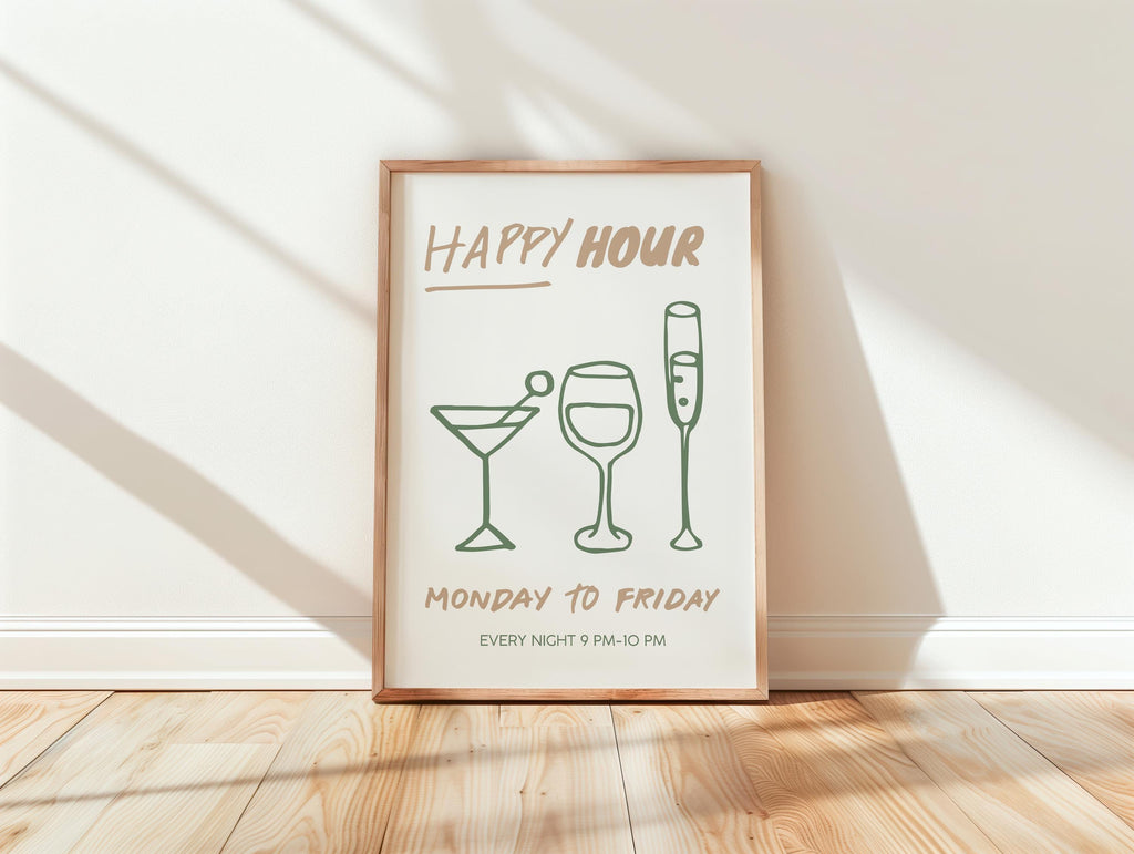 Happy Hour Poster, Bar Wall Art Printable, Minimal Line Art Drinks Print, Modern Kitchen Decor, Green Beige Cocktail Wine Print, DIGITAL
