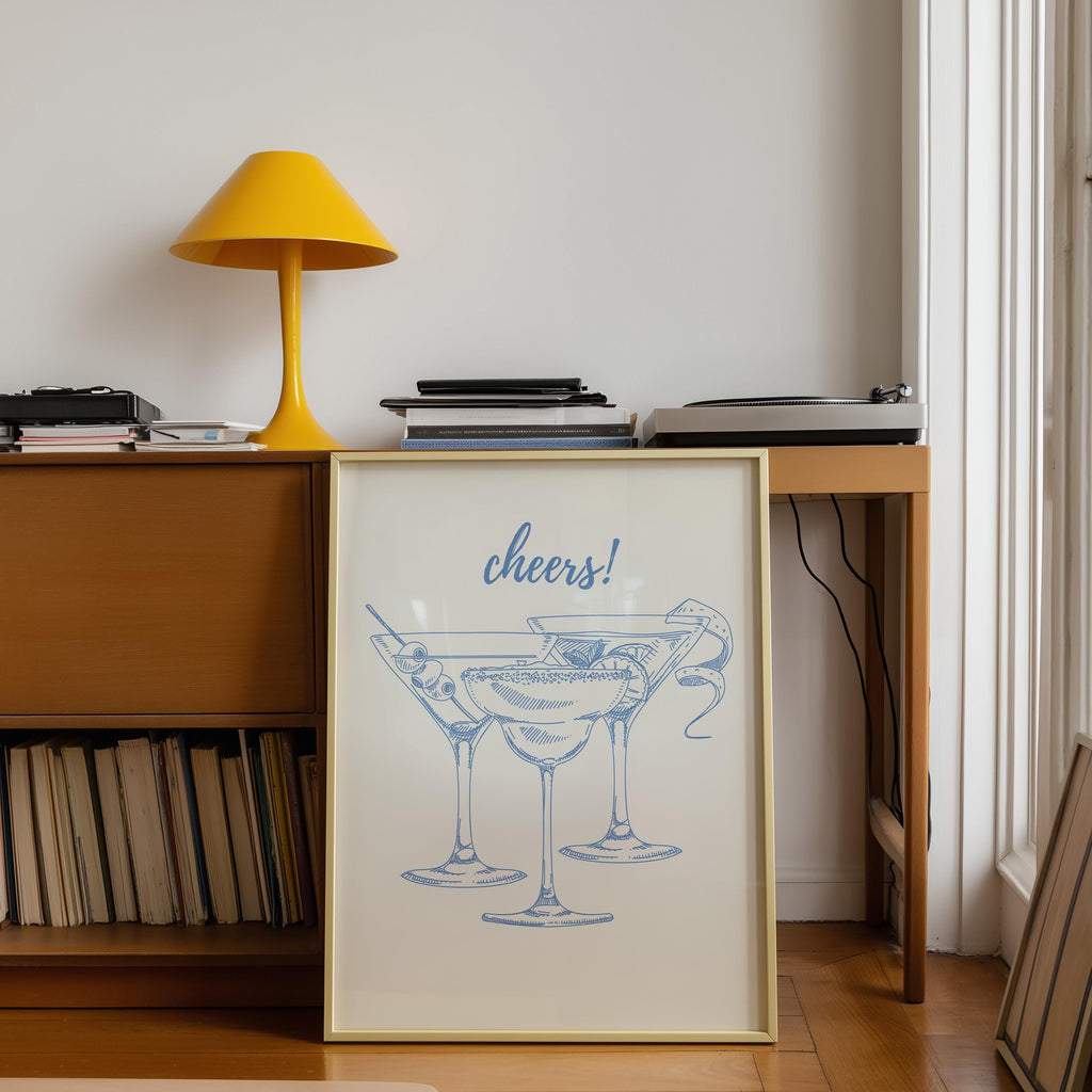 Cheers Print Blue Bar Cart Print, Trendy Wall Art, Baby Blue Aesthetic, Retro Kitchen Poster, Drink Print, Cocktail Wall Art, Digital Prints