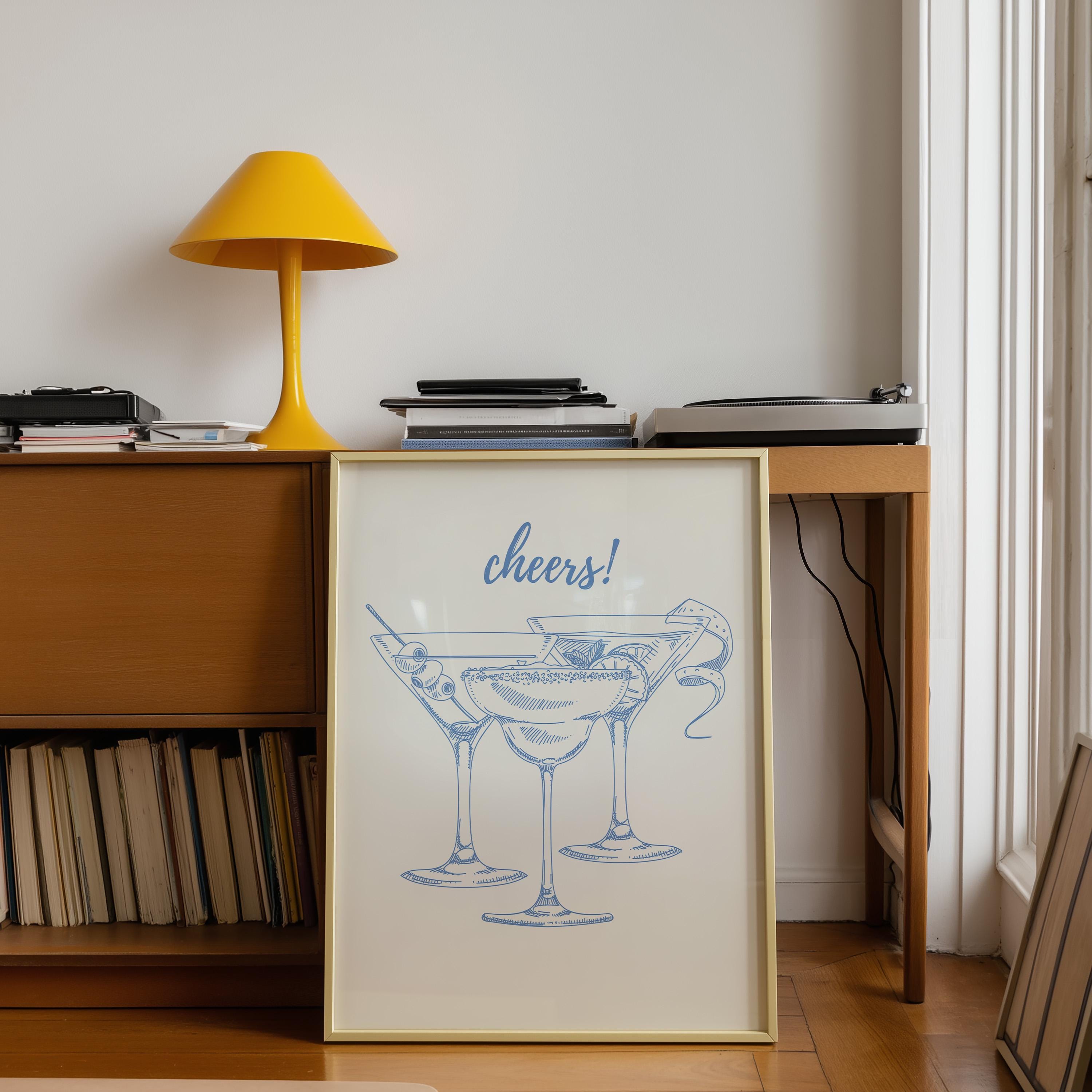 Cheers Print Blue Bar Cart Print, Trendy Wall Art, Baby Blue Aesthetic, Retro Kitchen Poster, Drink Print, Cocktail Wall Art, Digital Prints