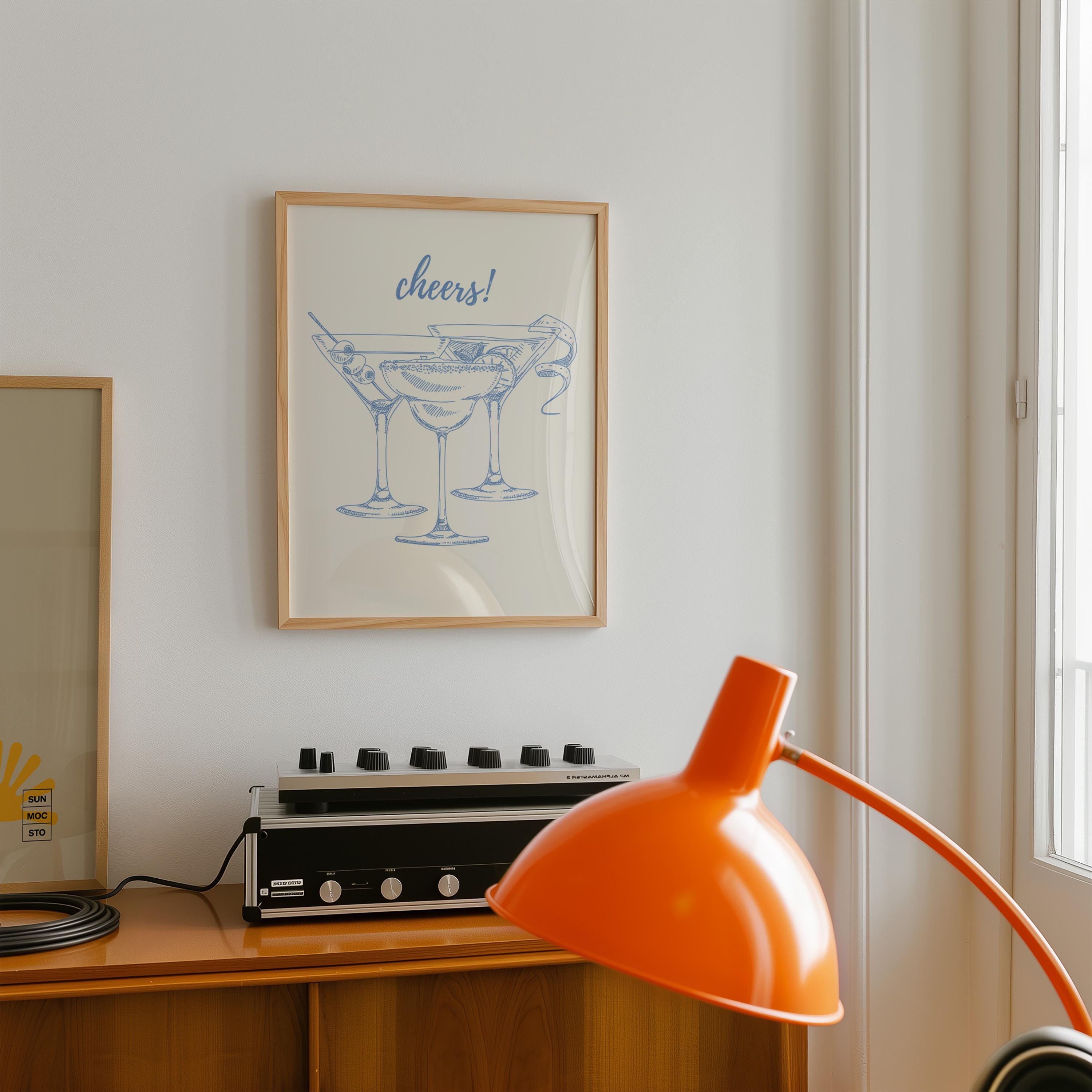 Cheers Print Blue Bar Cart Print, Trendy Wall Art, Baby Blue Aesthetic, Retro Kitchen Poster, Drink Print, Cocktail Wall Art, Digital Prints