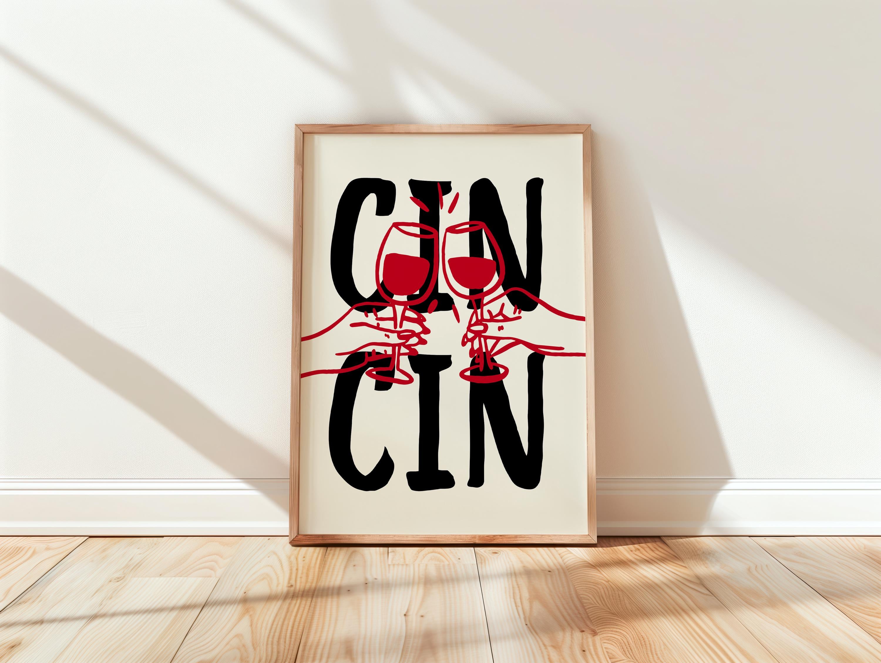 Cin Cin Print Trendy Printable Art, Wine Poster Black & Red Fun Wall Art, Aesthetic Room Decor Retro Wine Drawing, Bar Cart Print, DIGITAL