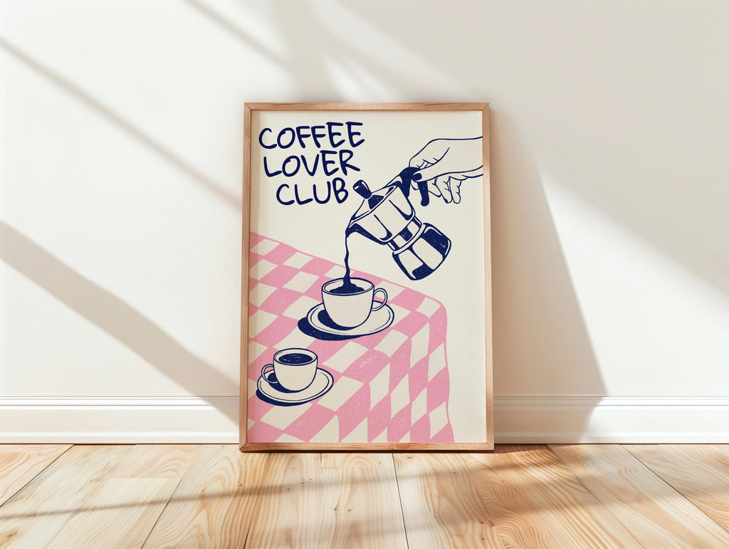 Coffee Lover Club Retro Print, Breakfast Poster, Moka Pot Espresso Print, Hand Drawn Kitchen Print, Blue & Pink Fun Wall Art, DIGITAL ART