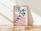 Coffee Lover Club Retro Print, Breakfast Poster, Moka Pot Espresso Print, Hand Drawn Kitchen Print, Blue & Pink Fun Wall Art, DIGITAL ART