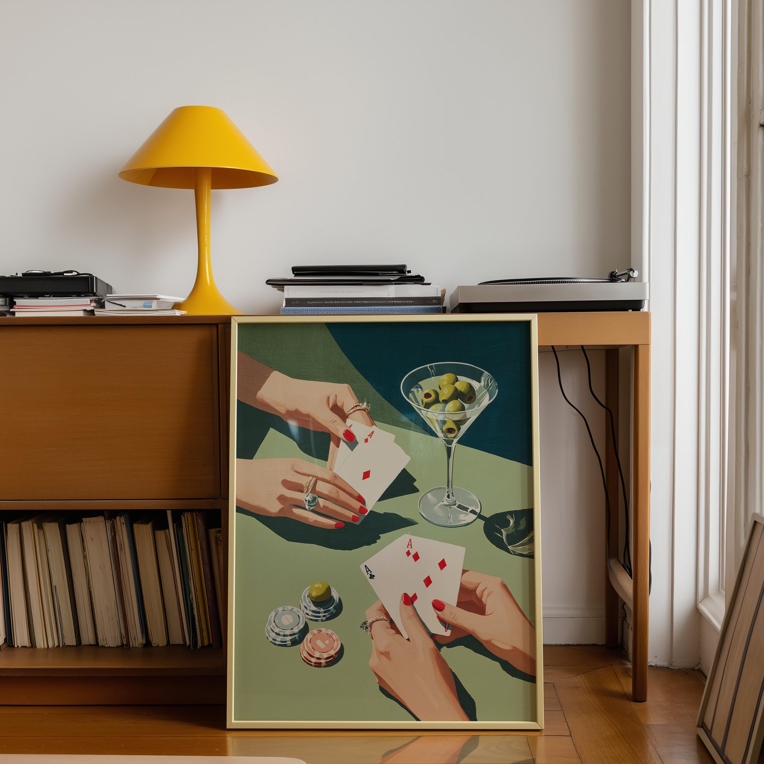 Playing Cards & Martini Bar Art Print, Retro Cocktail Wall Decor, Mid Century Modern Bar Cart Printable, Glam Home Artwork, DIGITAL