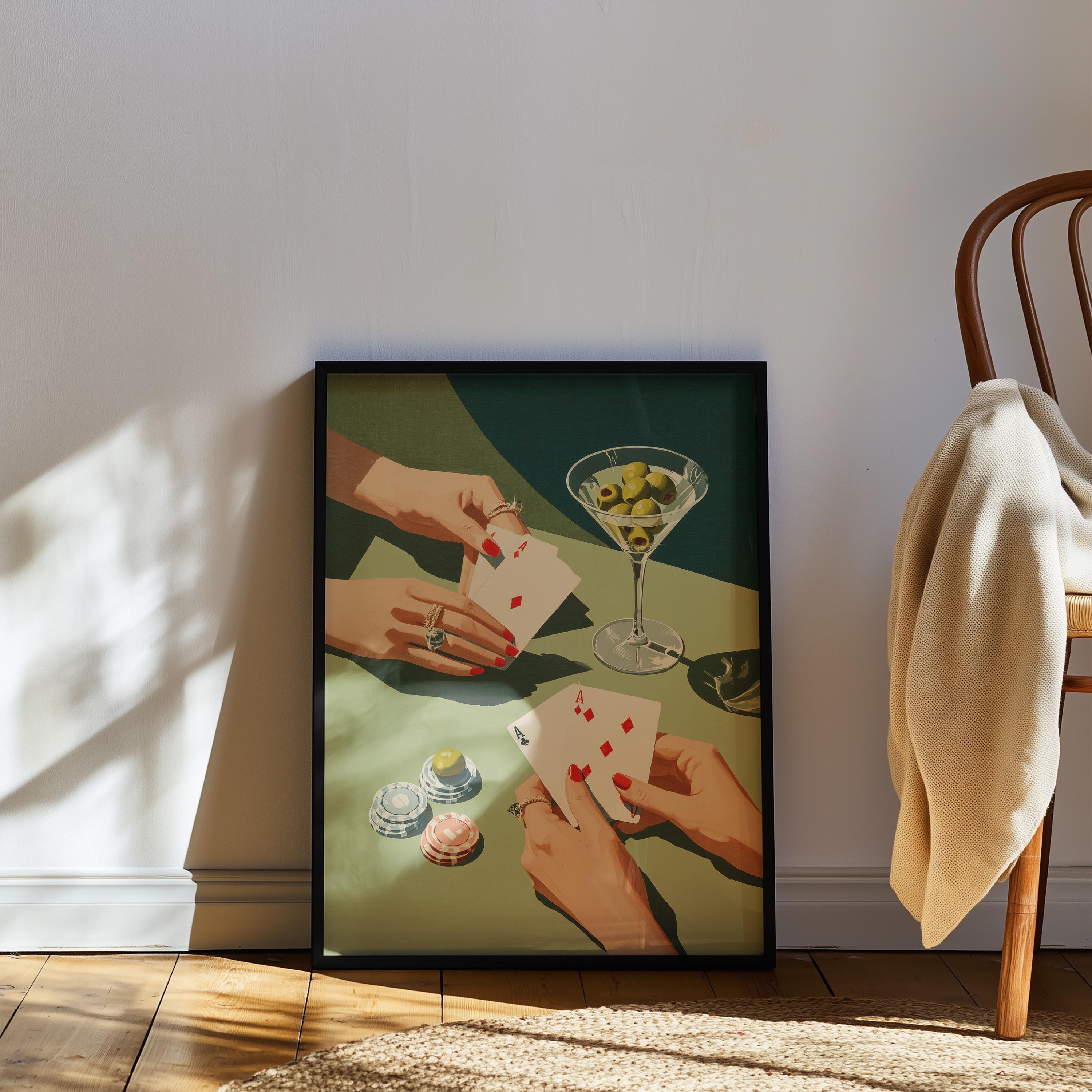 Playing Cards & Martini Bar Art Print, Retro Cocktail Wall Decor, Mid Century Modern Bar Cart Printable, Glam Home Artwork, DIGITAL