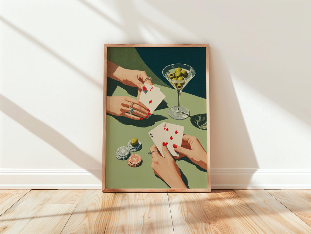 Playing Cards & Martini Bar Art Print, Retro Cocktail Wall Decor, Mid Century Modern Bar Cart Printable, Glam Home Artwork, DIGITAL