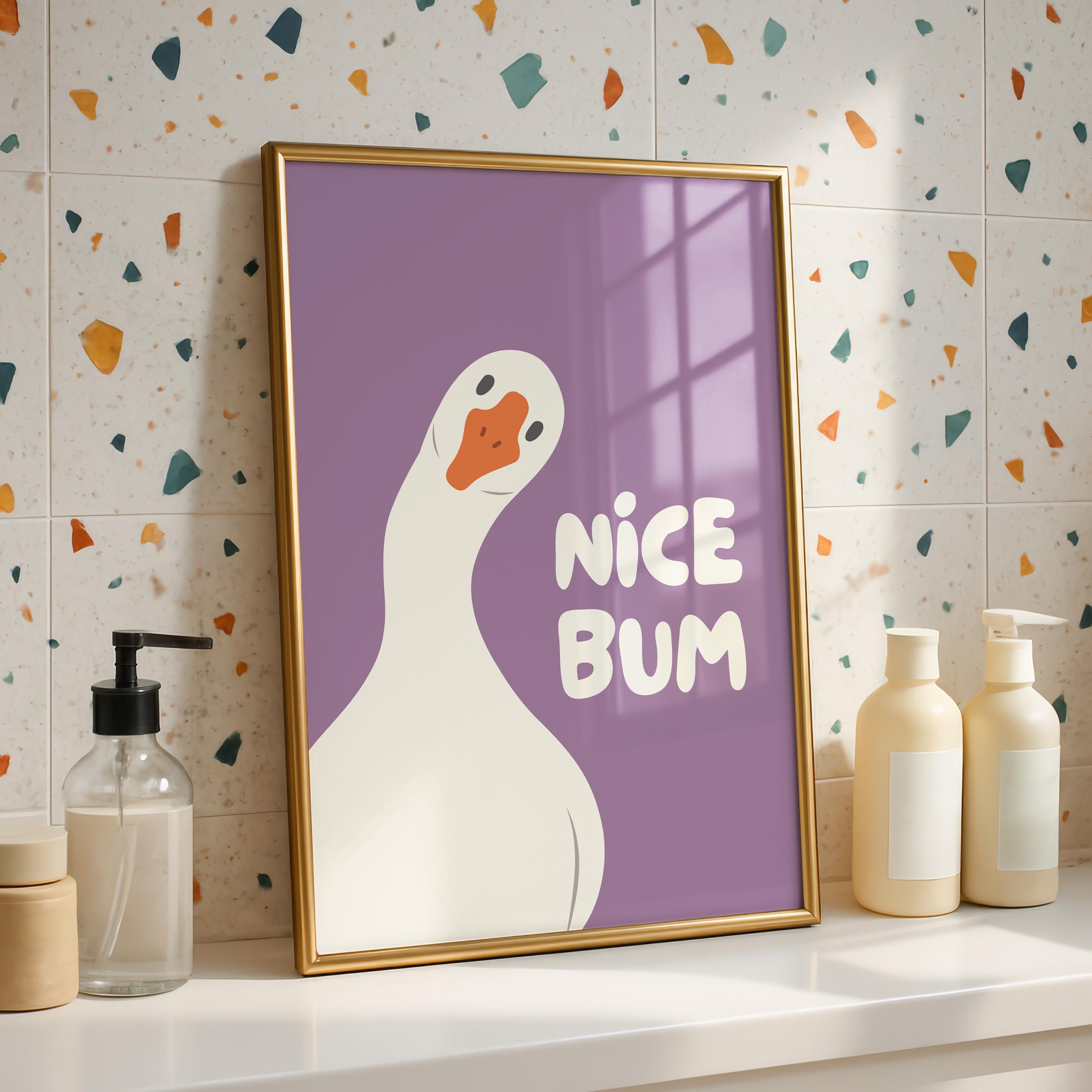 Nice Bum Purple Bathroom Wall Art Printable, Funny Goose Poster, Cute Purple Bathroom Decor, Toilet Humor Print, Modern Art
