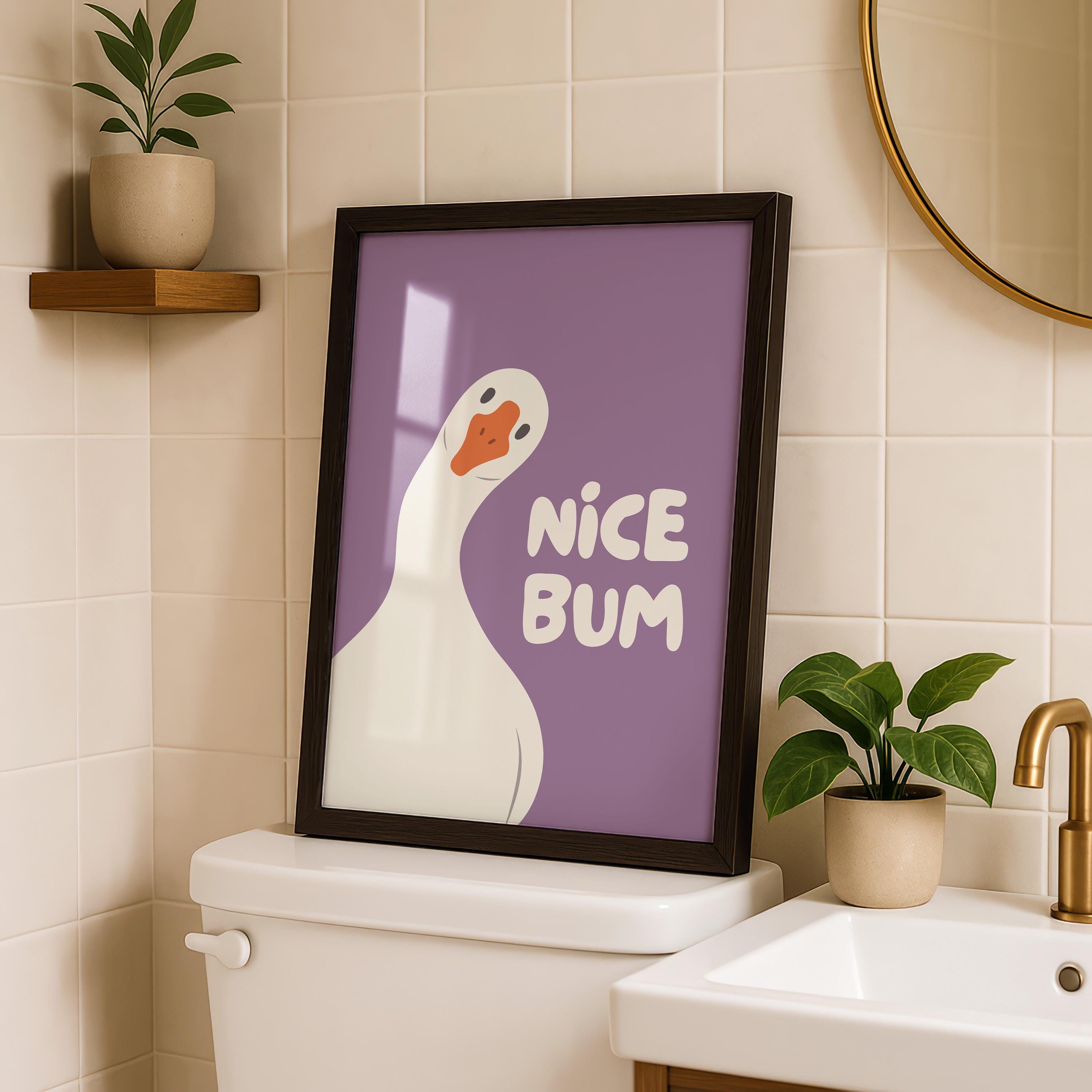 Nice Bum Purple Bathroom Wall Art Printable, Funny Goose Poster, Cute Purple Bathroom Decor, Toilet Humor Print, Modern Art