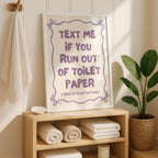 Text Me If You Run Out of Toilet Paper Purple Bathroom Wall Art Printable, Funny Bathroom Sign, Cute Toilet Humor Decor