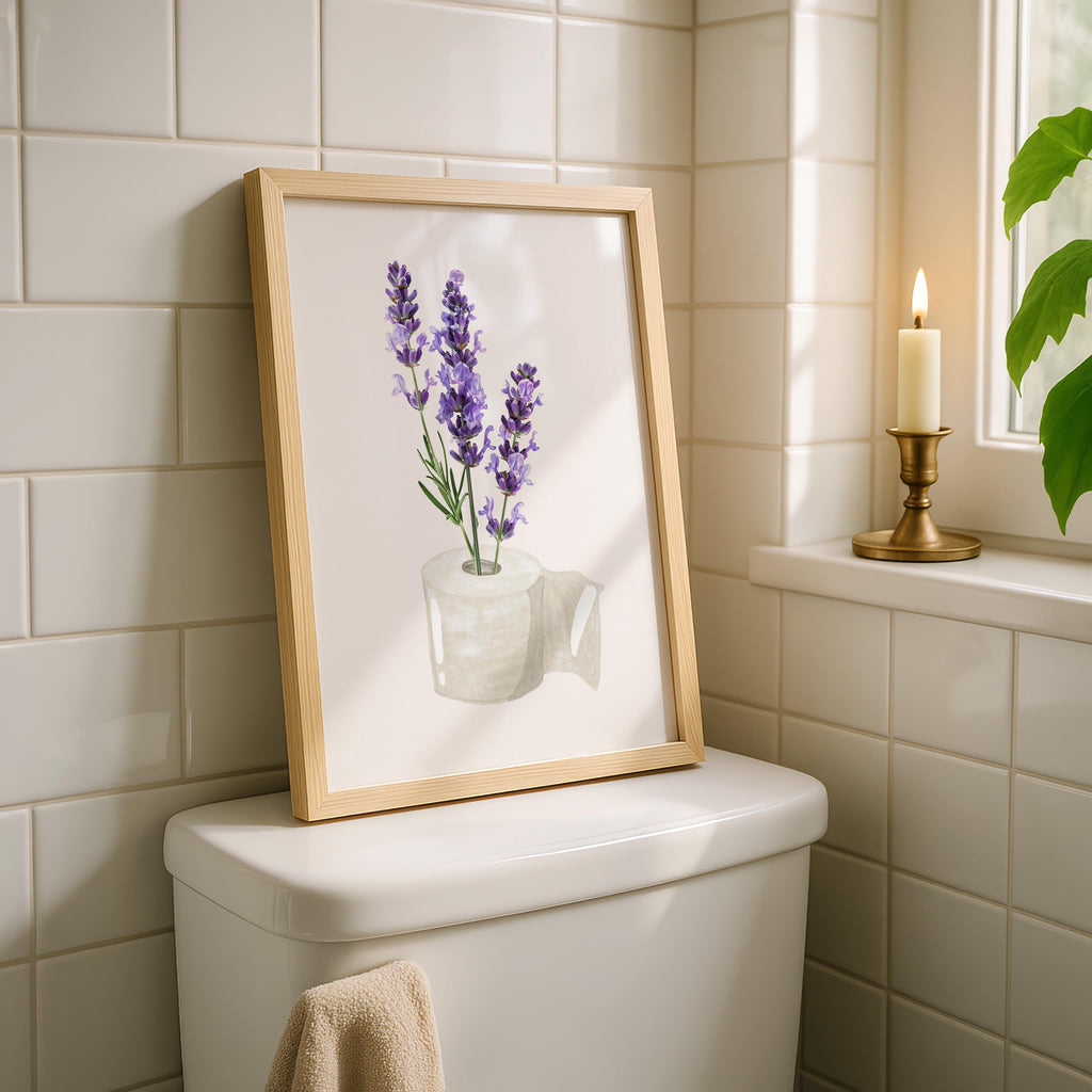 Lavender Bathroom Wall Art Printable, Toilet Paper Flower Art, Purple Floral Bathroom Decor, Minimal Funny Bathroom Print