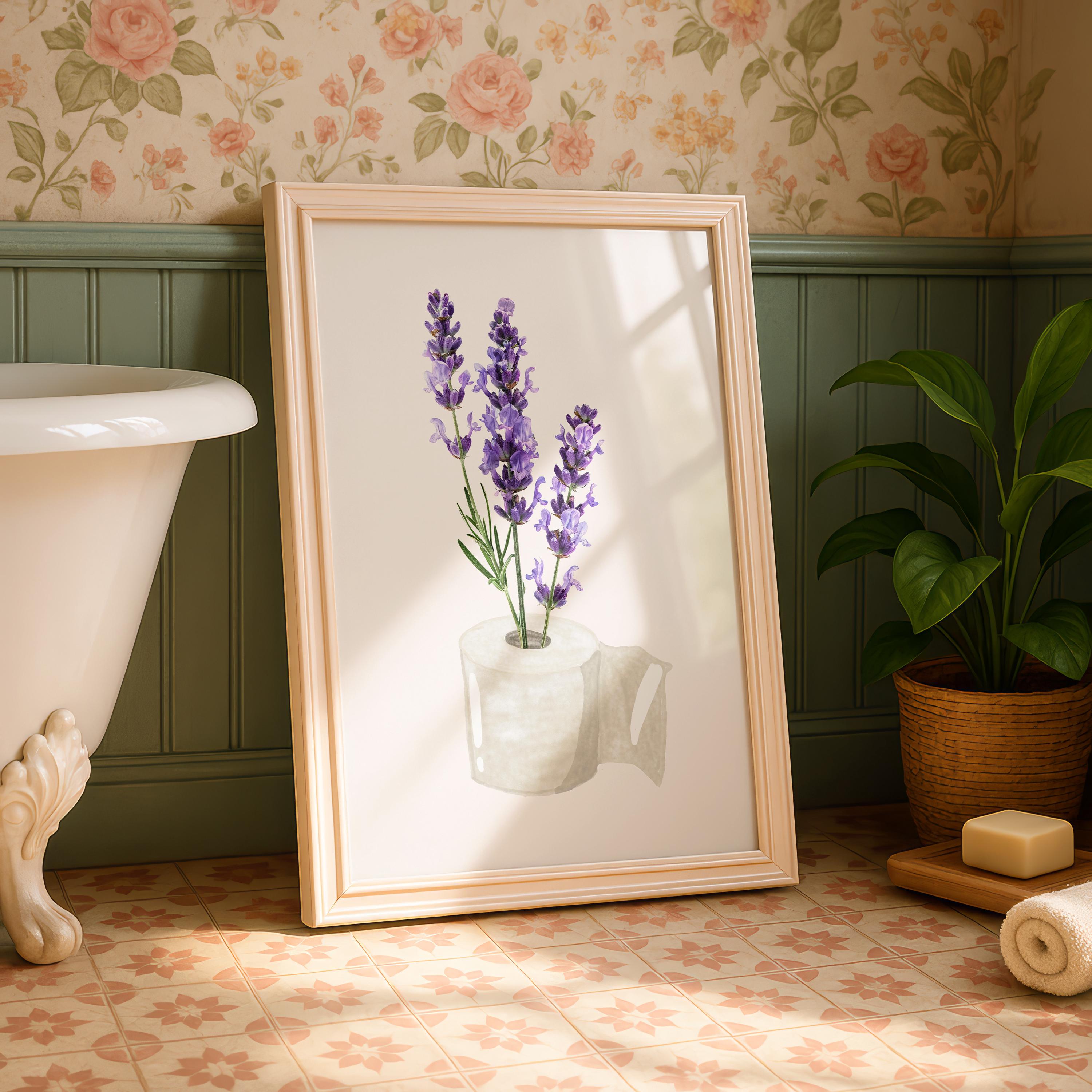 Lavender Bathroom Wall Art Printable, Toilet Paper Flower Art, Purple Floral Bathroom Decor, Minimal Funny Bathroom Print