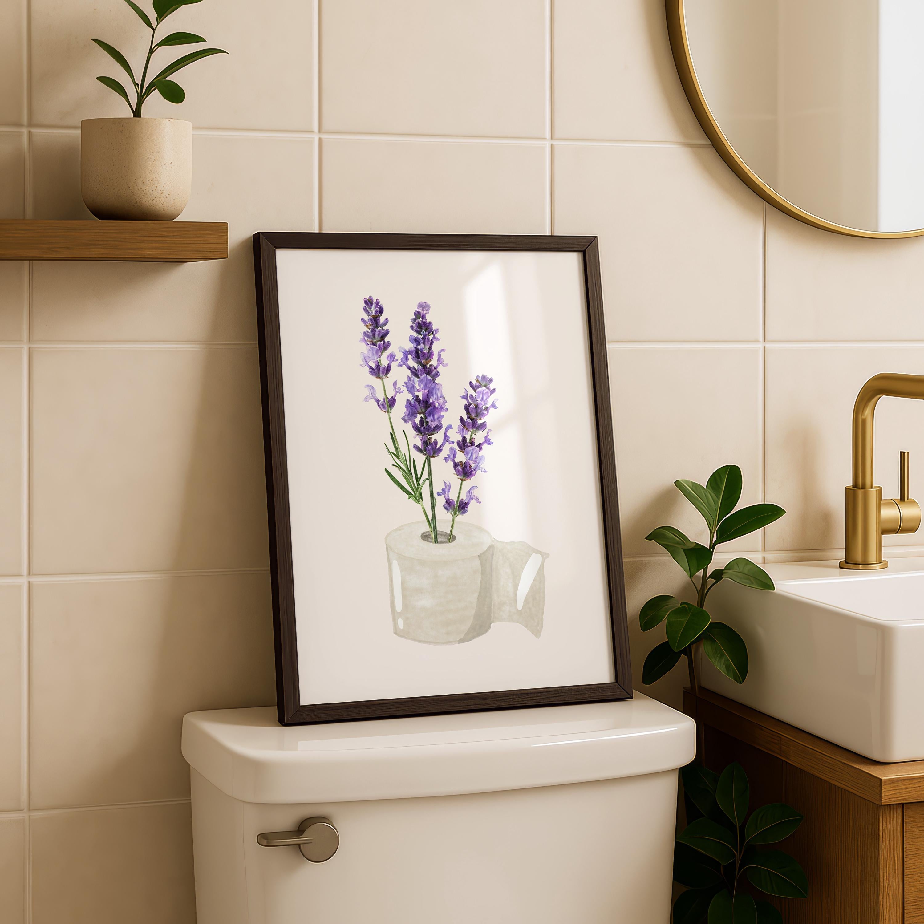Lavender Bathroom Wall Art Printable, Toilet Paper Flower Art, Purple Floral Bathroom Decor, Minimal Funny Bathroom Print