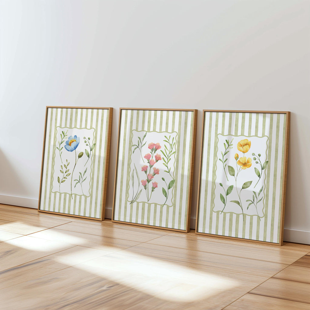 Spring Green Floral Wall Art Set of 3 Printable, Sage Botanical Flower Prints, Cottagecore Gallery Wall Decor for Living Room Bedroom