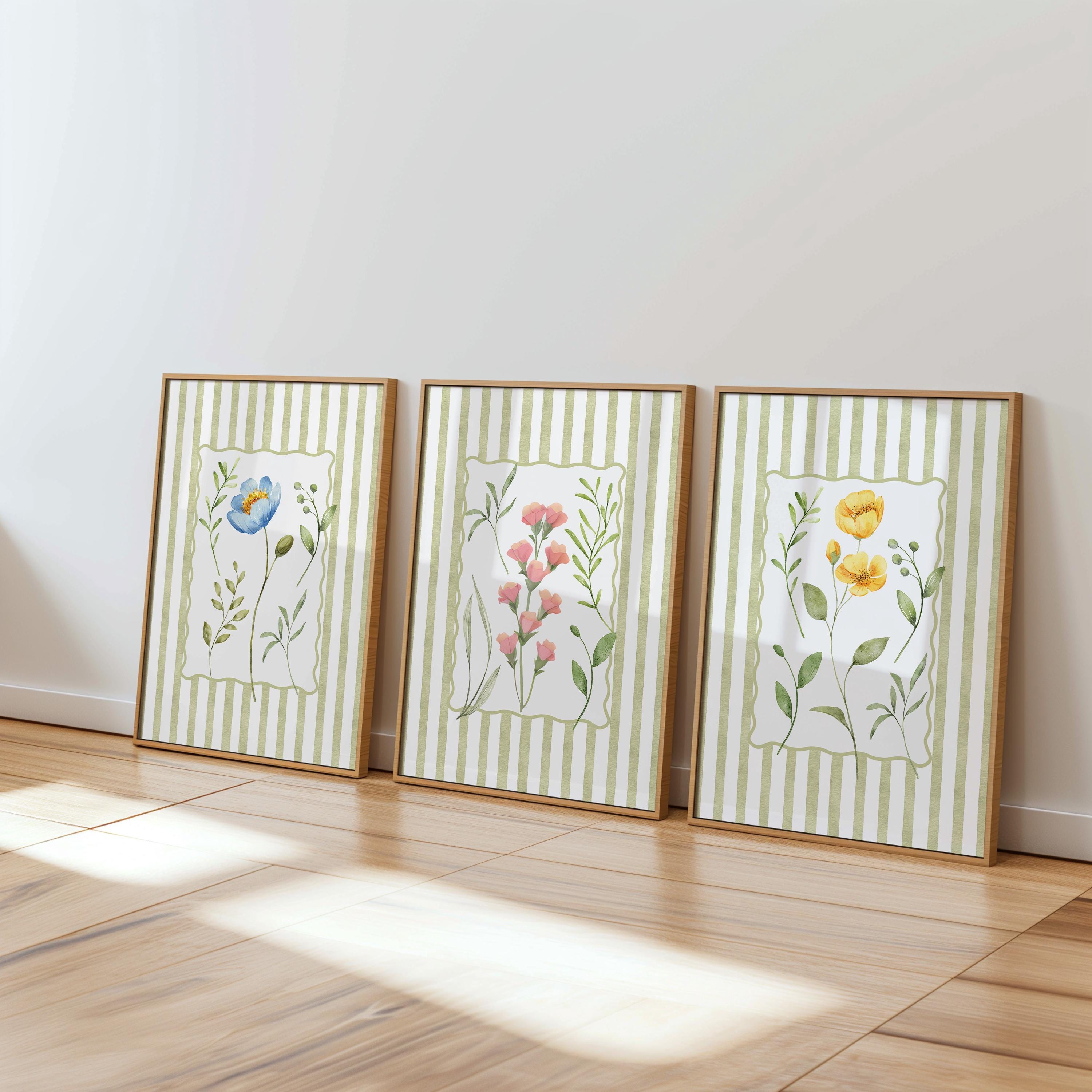 Spring Green Floral Wall Art Set of 3 Printable, Sage Botanical Flower Prints, Cottagecore Gallery Wall Decor for Living Room Bedroom
