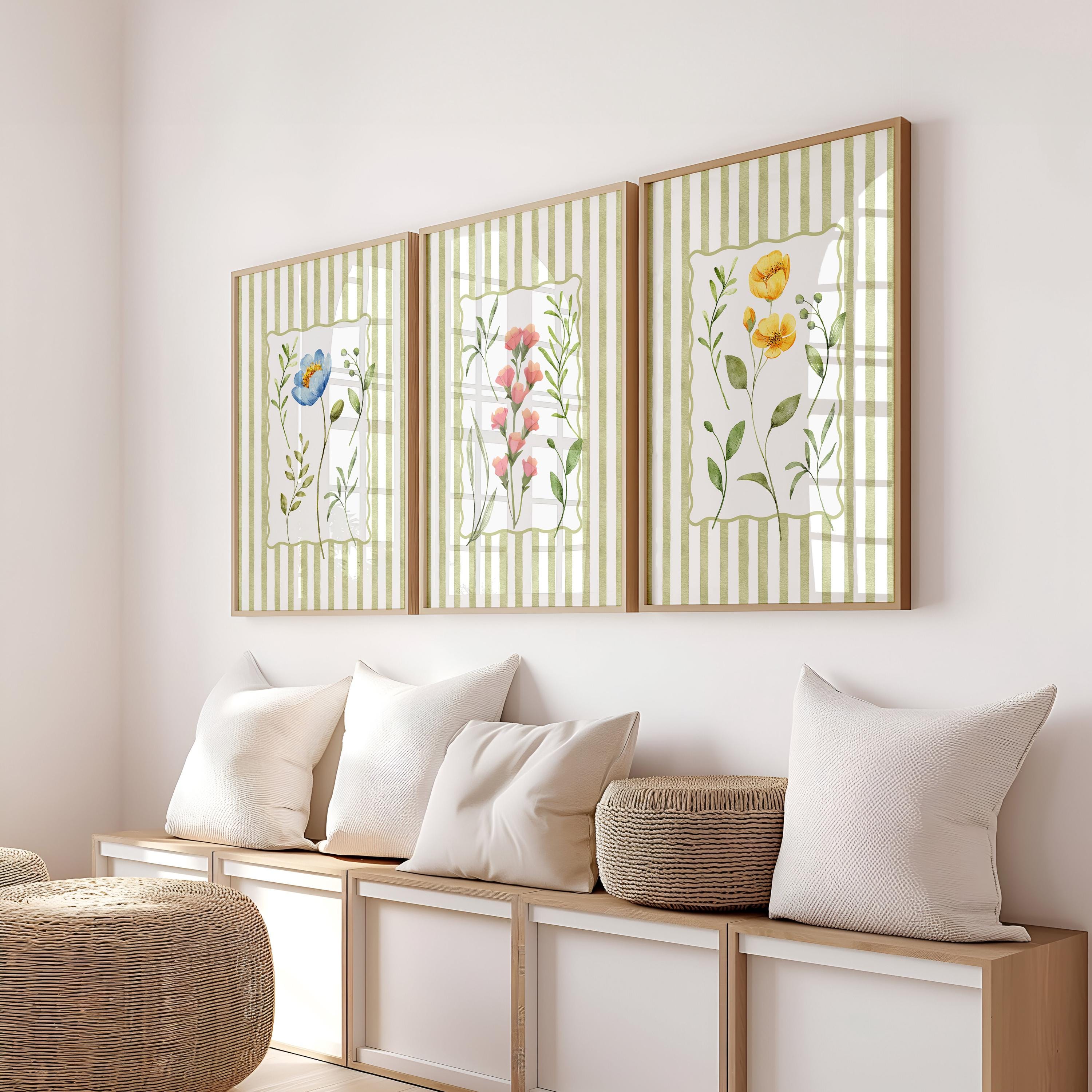 Spring Green Floral Wall Art Set of 3 Printable, Sage Botanical Flower Prints, Cottagecore Gallery Wall Decor for Living Room Bedroom