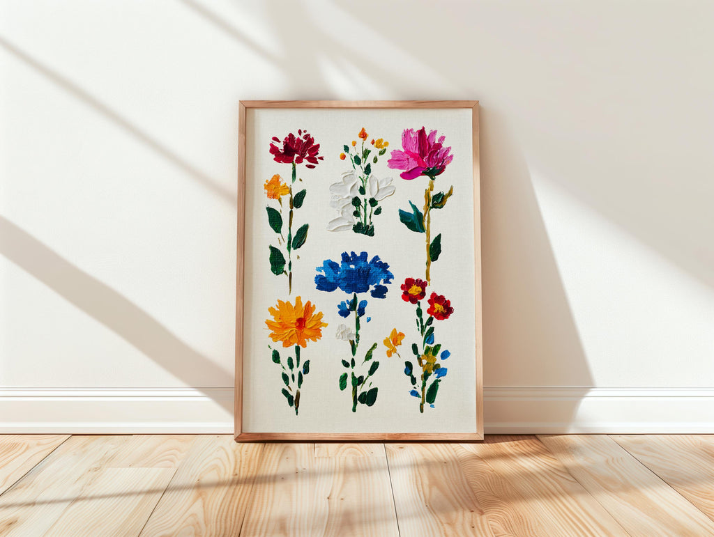 Colorful Floral Wall Art Print, Hand Painted Botanical Flowers Poster, Modern Cottagecore Wall Decor, Vintage Floral Art Digital Download