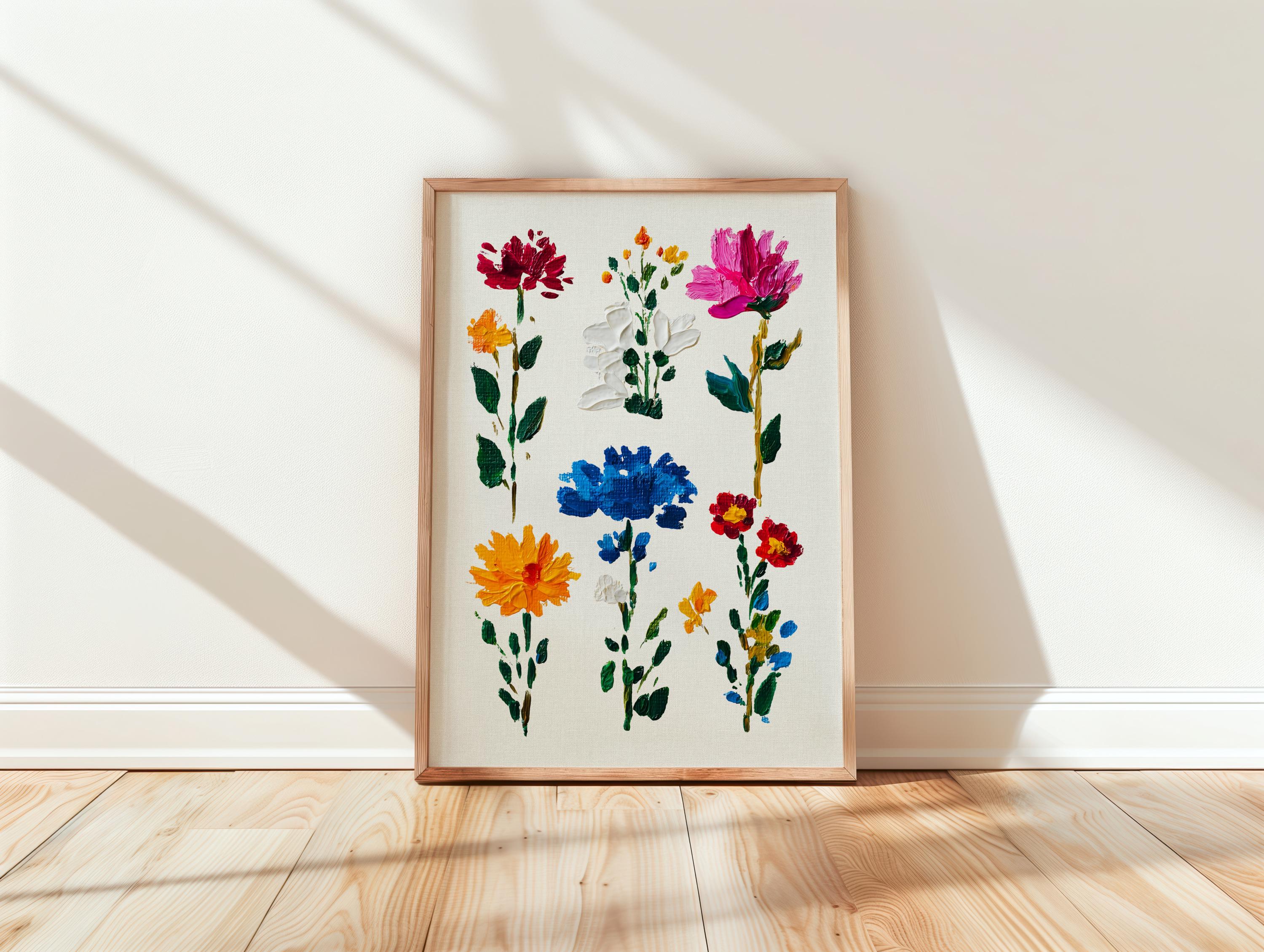 Colorful Floral Wall Art Print, Hand Painted Botanical Flowers Poster, Modern Cottagecore Wall Decor, Vintage Floral Art Digital Download