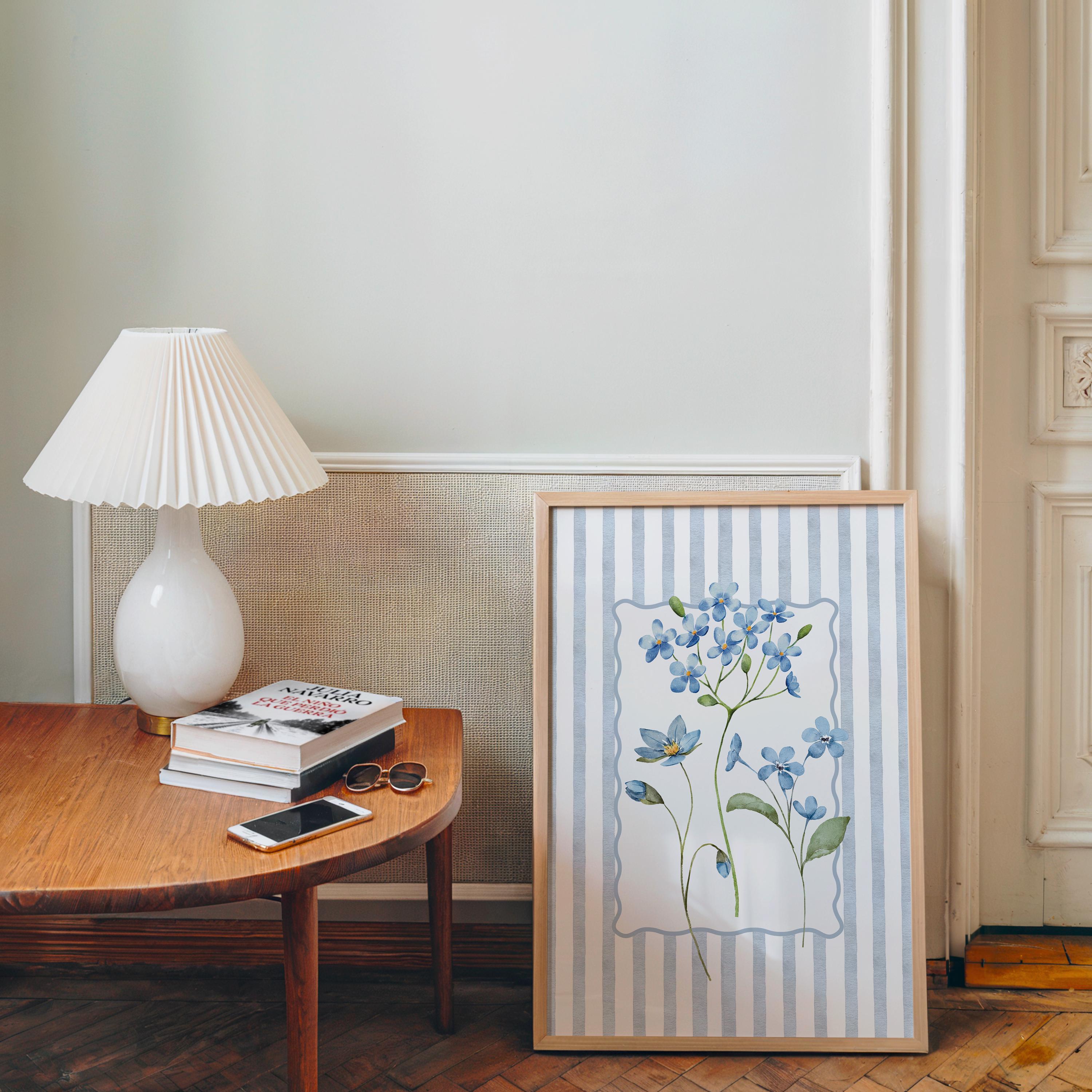Spring Blue Floral Wall Art, Botanical Flower Print, Cottagecore Home Decor, Soft Pastel Floral Poster, Vintage Style Wall Art