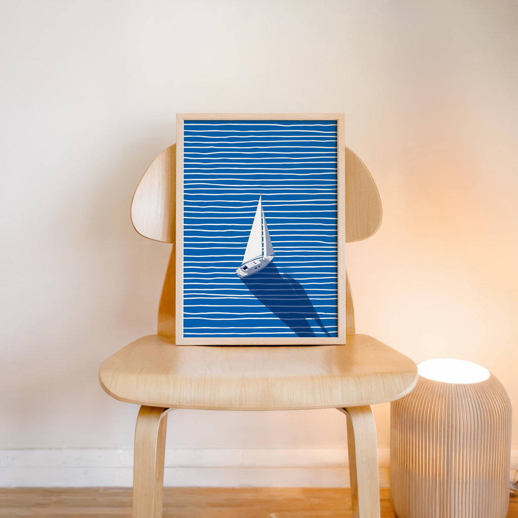 Sailboat Wall Art Print, Minimal Blue Coastal Art, Nautical Wall Decor, Modern Ocean Artwork, Printable Wall Art, Blue Striped Poster