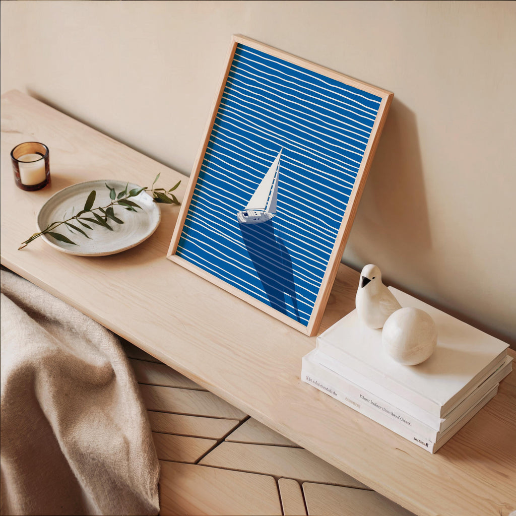 Sailboat Wall Art Print, Minimal Blue Coastal Art, Nautical Wall Decor, Modern Ocean Artwork, Printable Wall Art, Blue Striped Poster