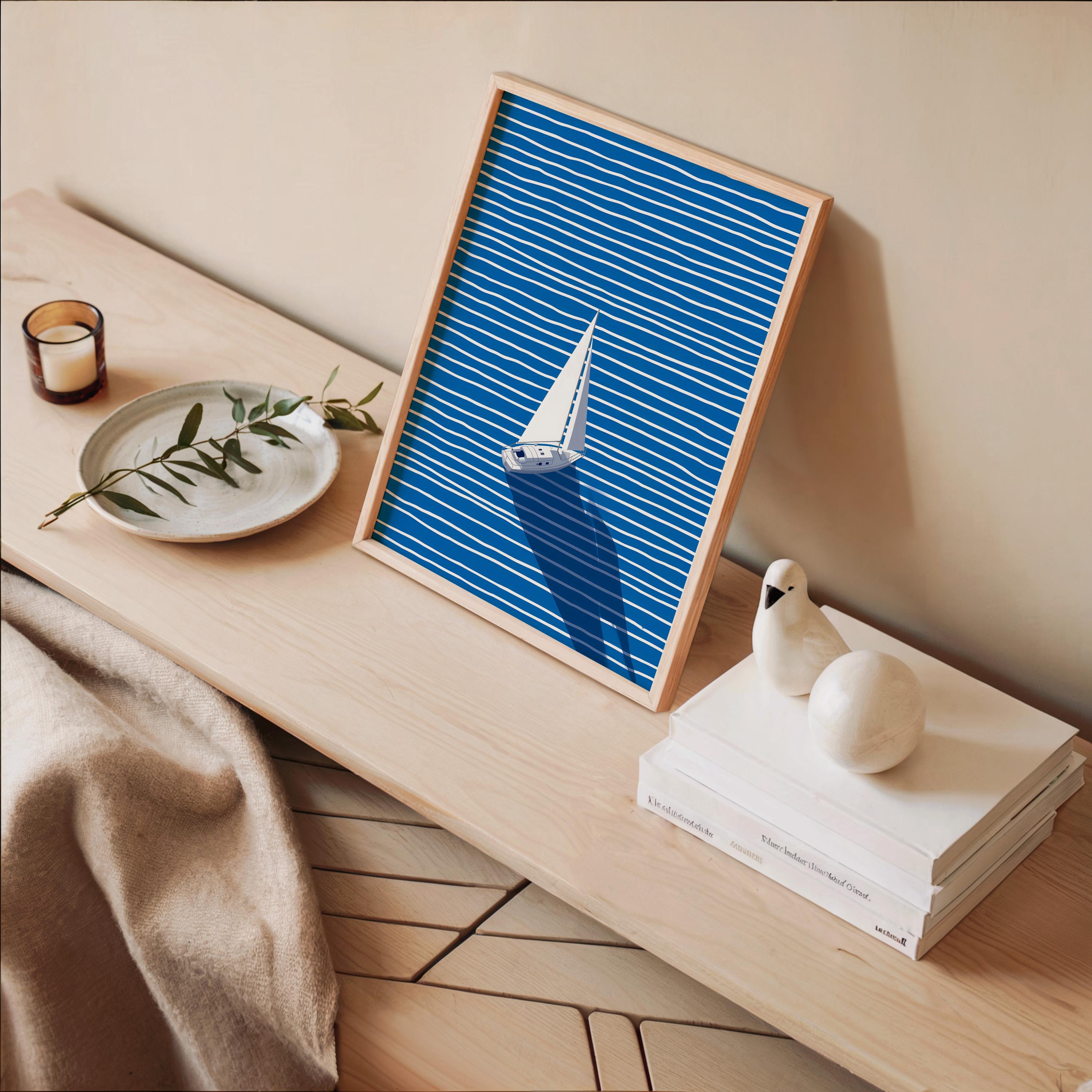 Sailboat Wall Art Print, Minimal Blue Coastal Art, Nautical Wall Decor, Modern Ocean Artwork, Printable Wall Art, Blue Striped Poster