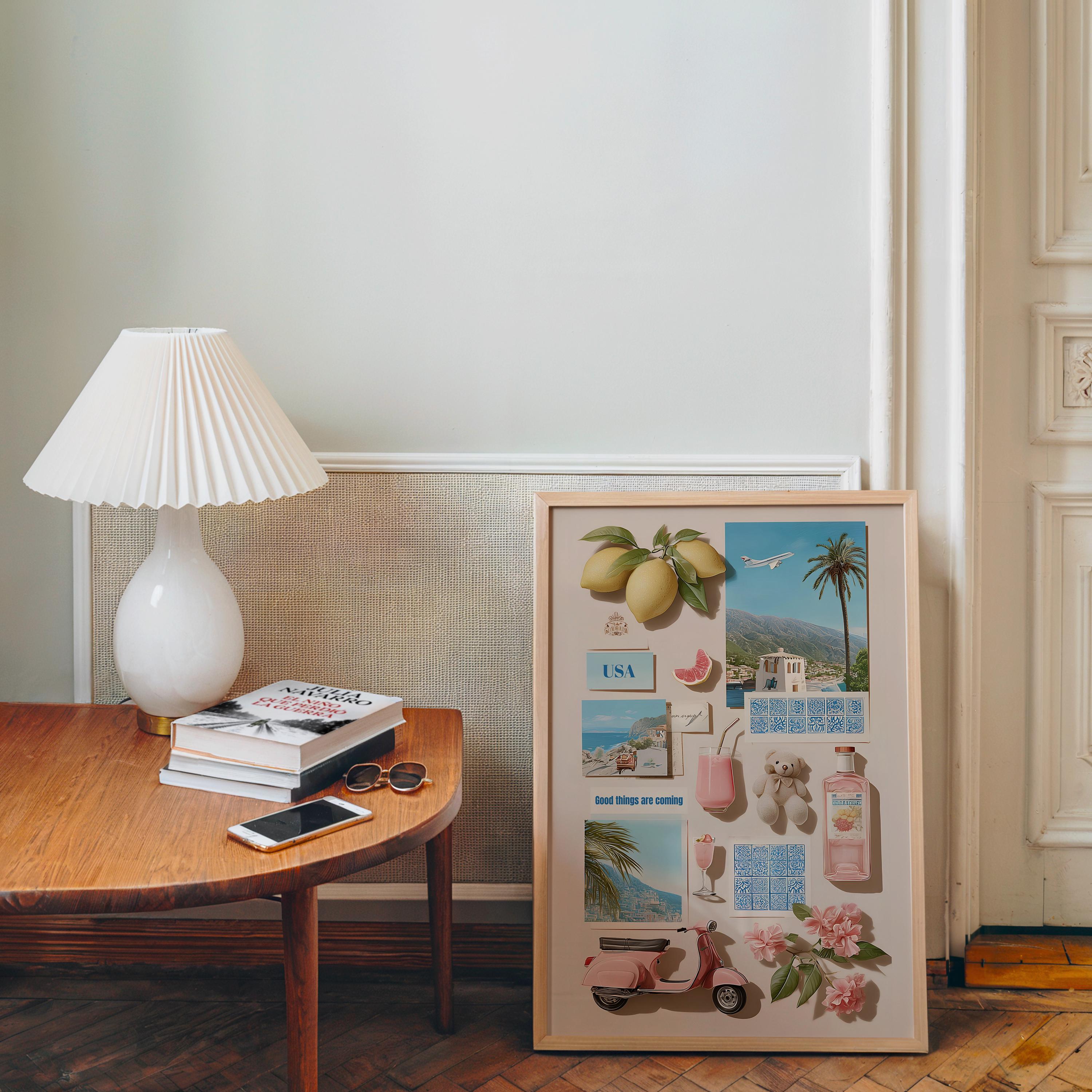 Summer Collage Wall Art Print, Vintage Travel Aesthetic Poster, Coastal Moodboard Artwork, Pink Blue Home Decor, Printable Wall Art