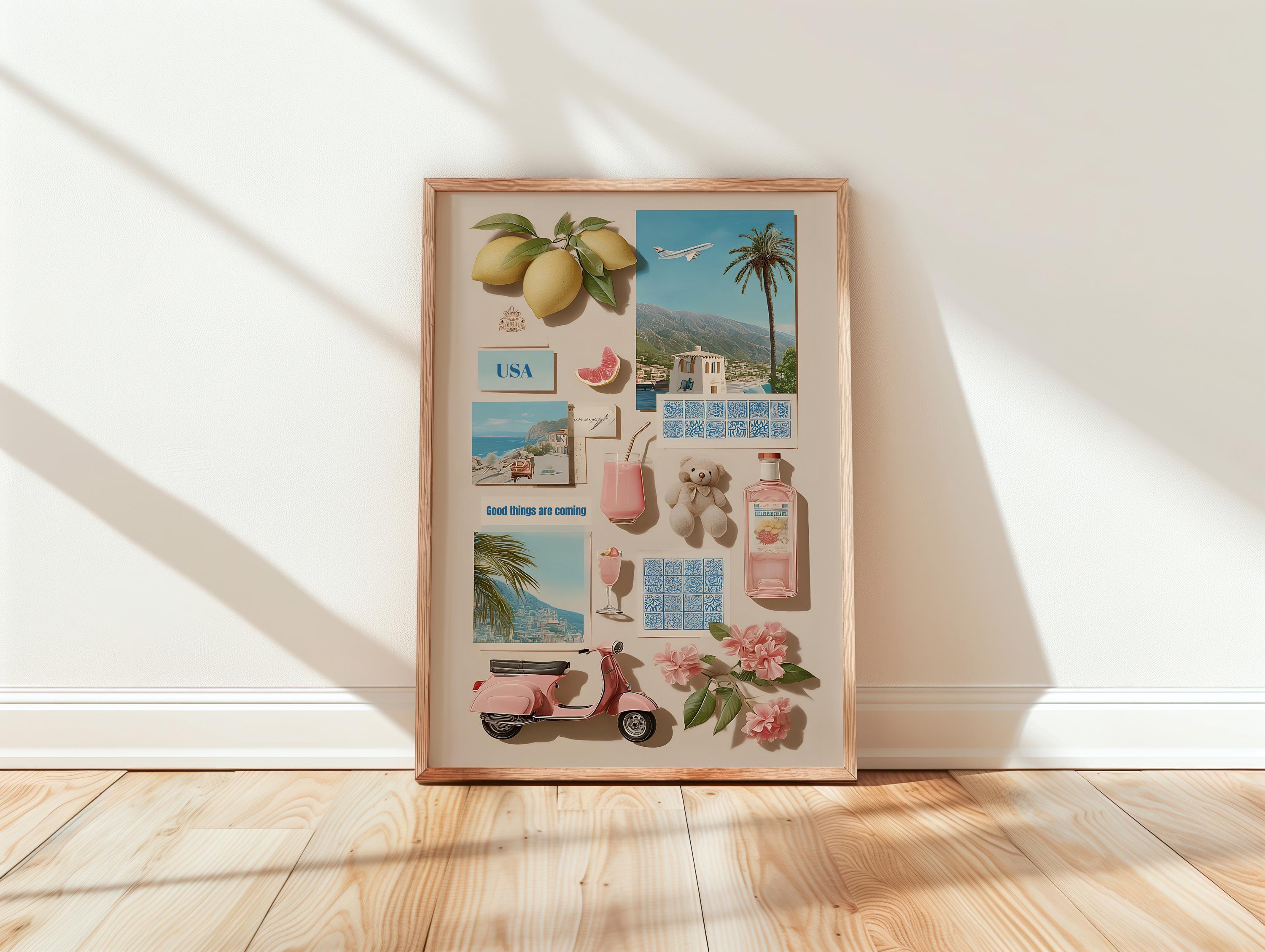 Summer Collage Wall Art Print, Vintage Travel Aesthetic Poster, Coastal Moodboard Artwork, Pink Blue Home Decor, Printable Wall Art