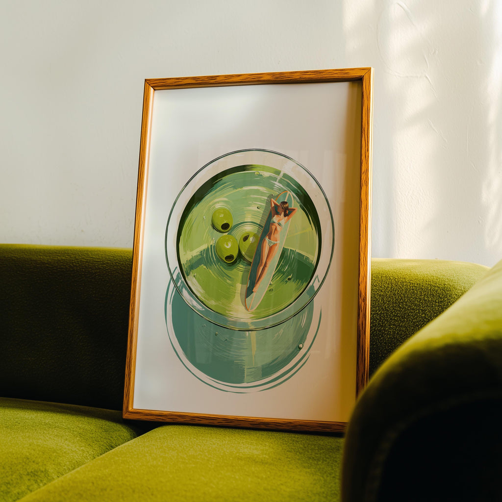 Martini Pool Art Print, Retro Summer Cocktail Wall Art, Top View Swimming Woman Illustration, Mid Century Modern Bar Cart Decor