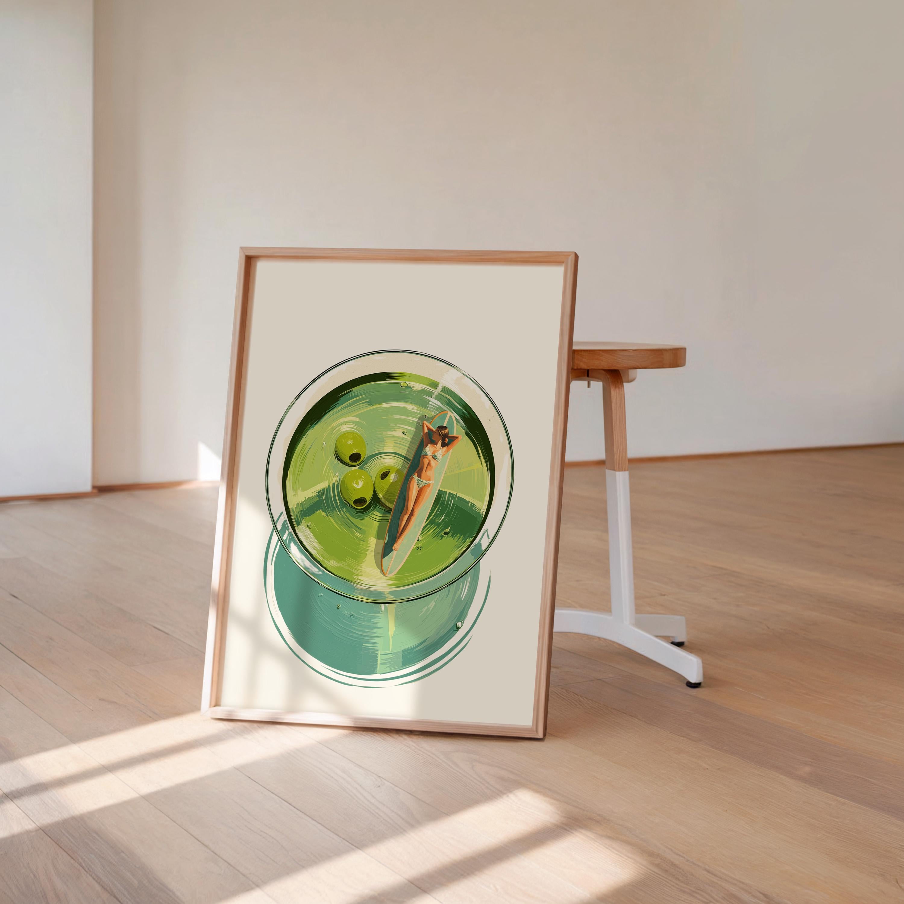 Martini Pool Art Print, Retro Summer Cocktail Wall Art, Top View Swimming Woman Illustration, Mid Century Modern Bar Cart Decor