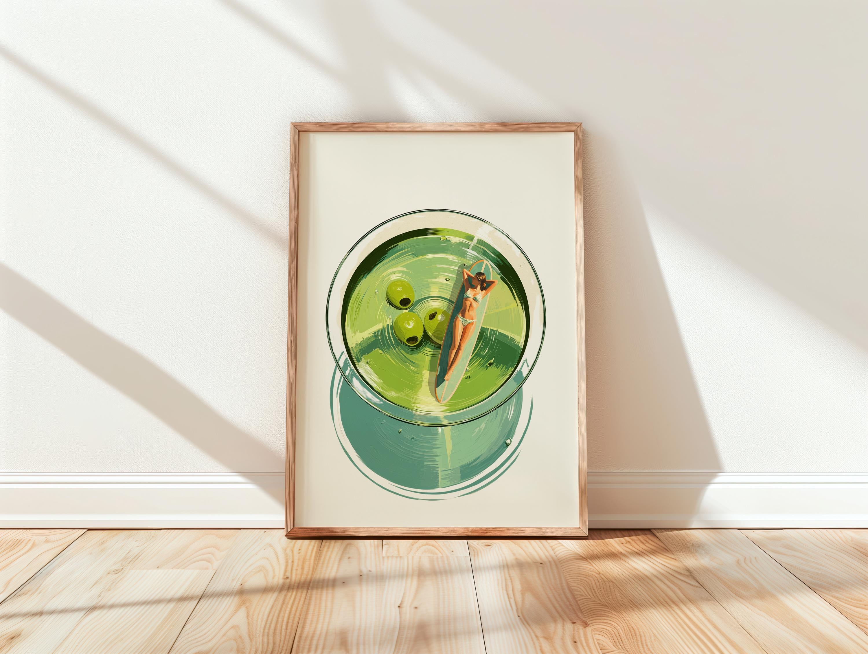 Martini Pool Art Print, Retro Summer Cocktail Wall Art, Top View Swimming Woman Illustration, Mid Century Modern Bar Cart Decor