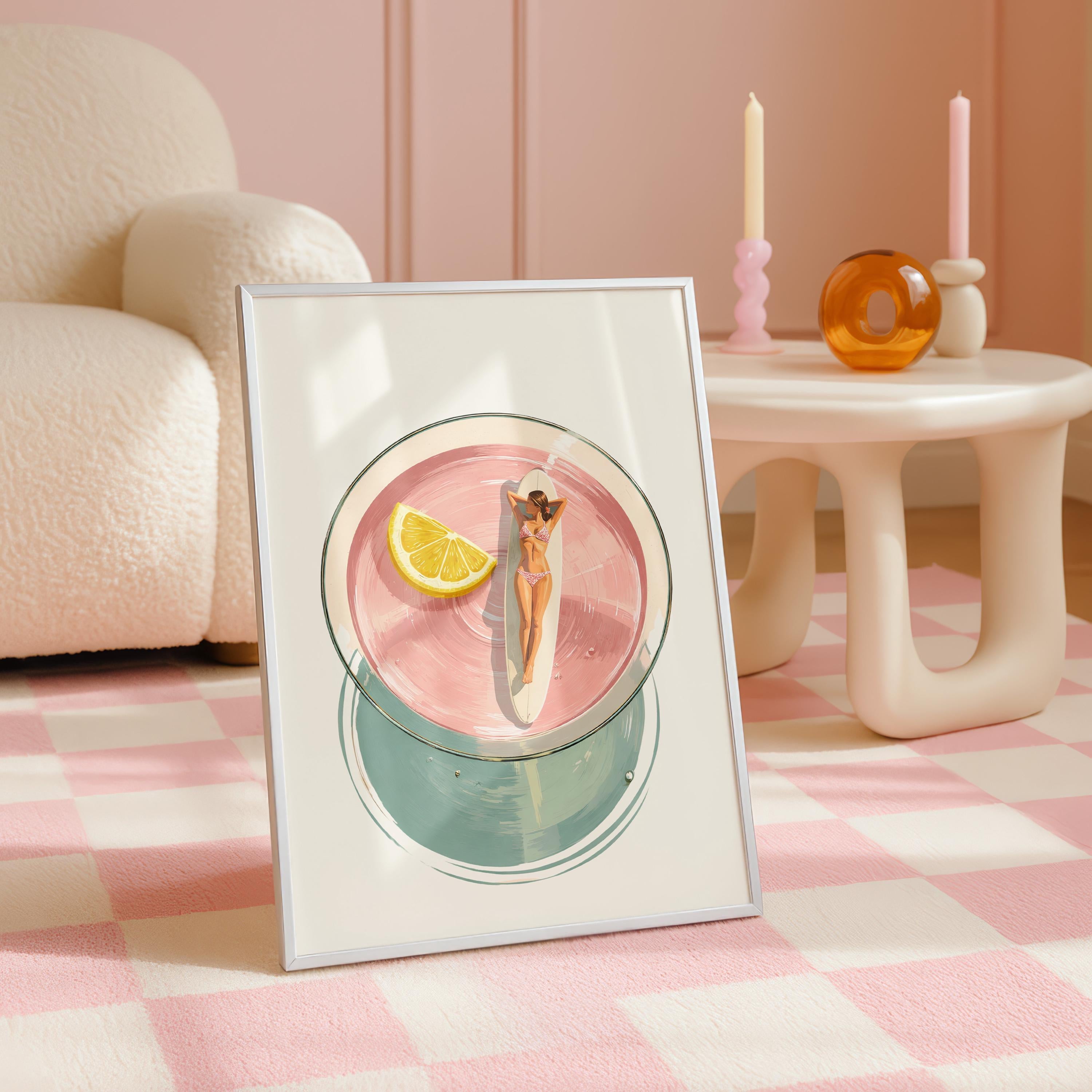 Pink Martini Pool Wall Art, Retro Summer Cocktail Illustration, Swimming Woman Art Print, Mid Century Modern Bar Decor, Trendy Print