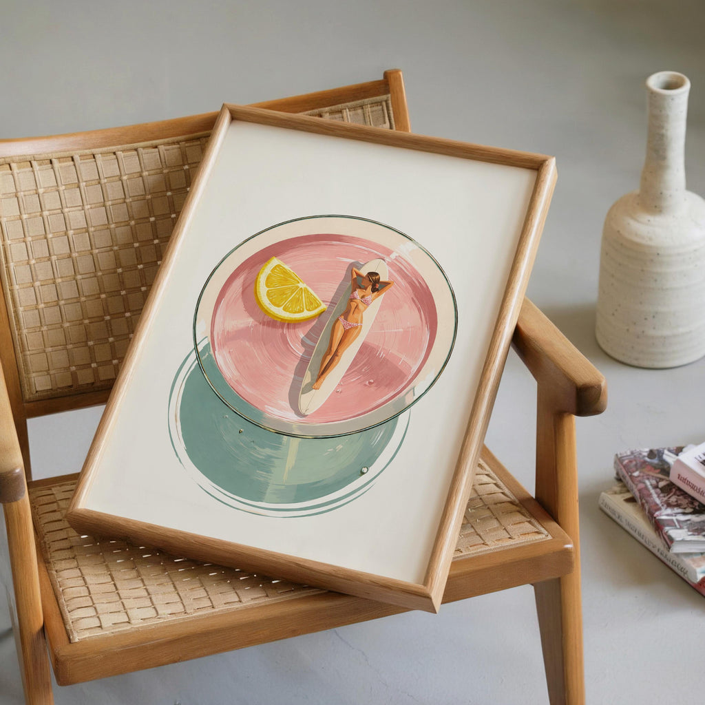 Pink Martini Pool Wall Art, Retro Summer Cocktail Illustration, Swimming Woman Art Print, Mid Century Modern Bar Decor, Trendy Print