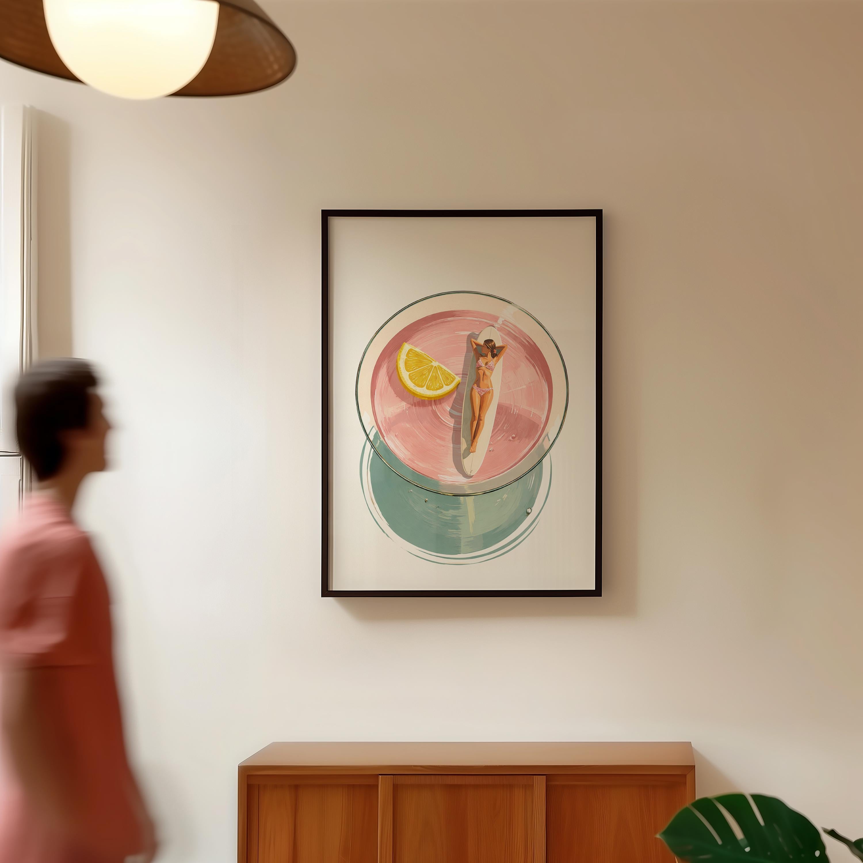 Pink Martini Pool Wall Art, Retro Summer Cocktail Illustration, Swimming Woman Art Print, Mid Century Modern Bar Decor, Trendy Print